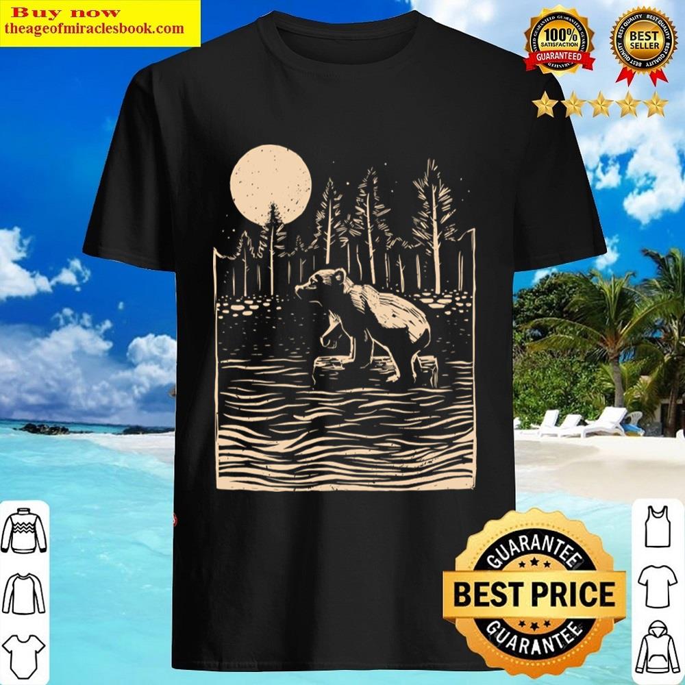 Hand Drawn Bear Cub On River T Shirt