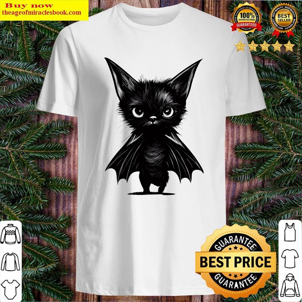 Halloween Grumpy Black Kitten In Bat Costume Shirt