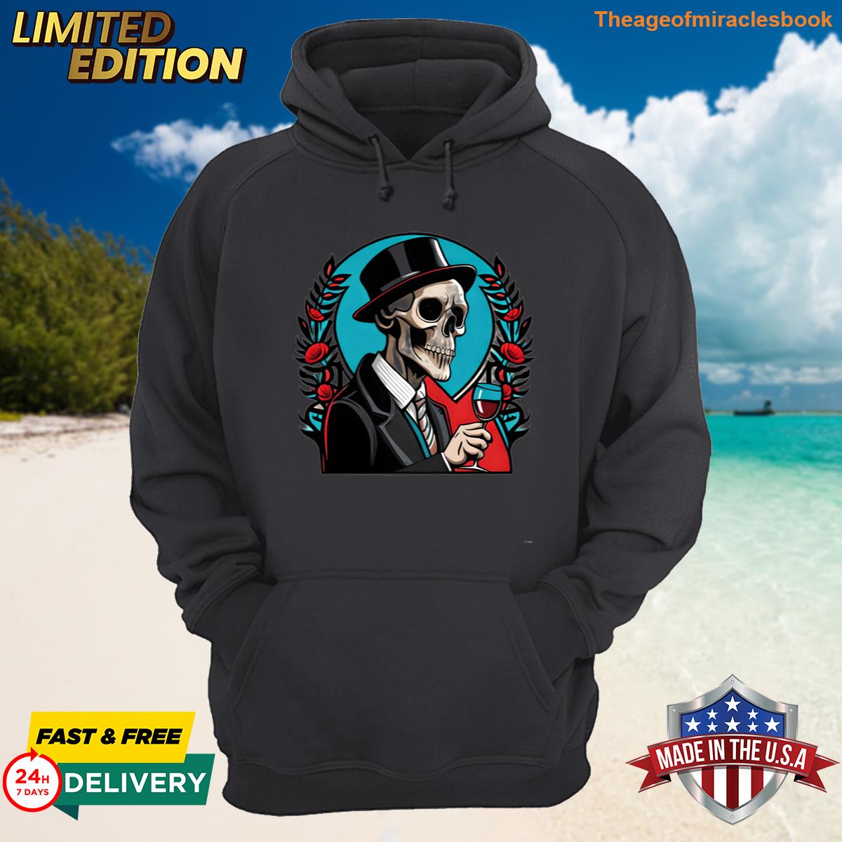 Alternative view of Awesome Funny Skeleton Wine Drinker On sale T-shirt