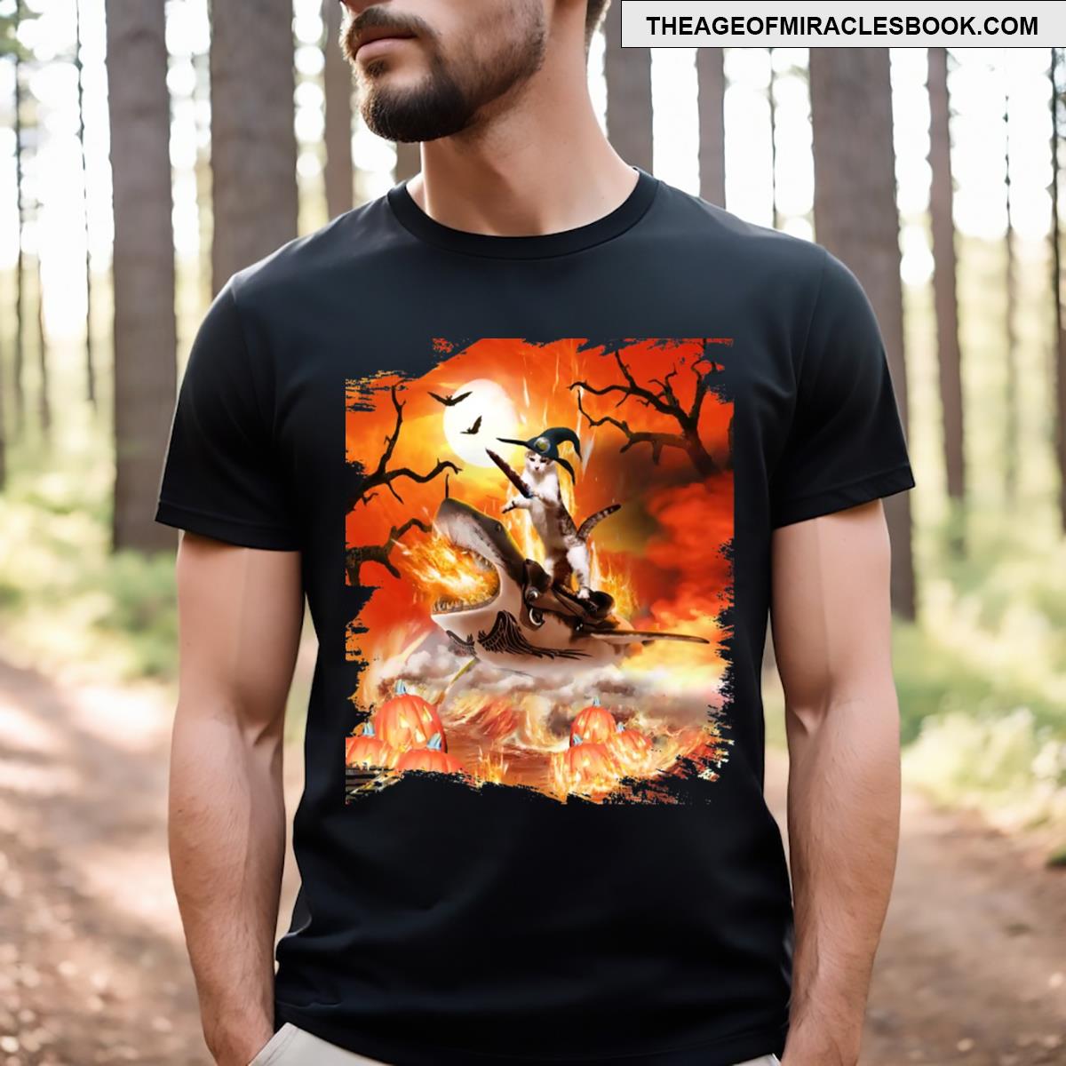 Halloween Witch Cat Riding Shark T-shirt