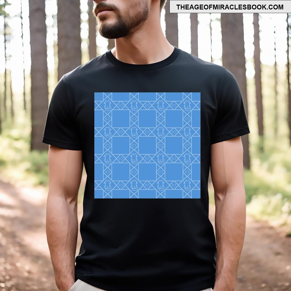 Cat Fish Triangles Outline Pattern On Blue Background T-shirt