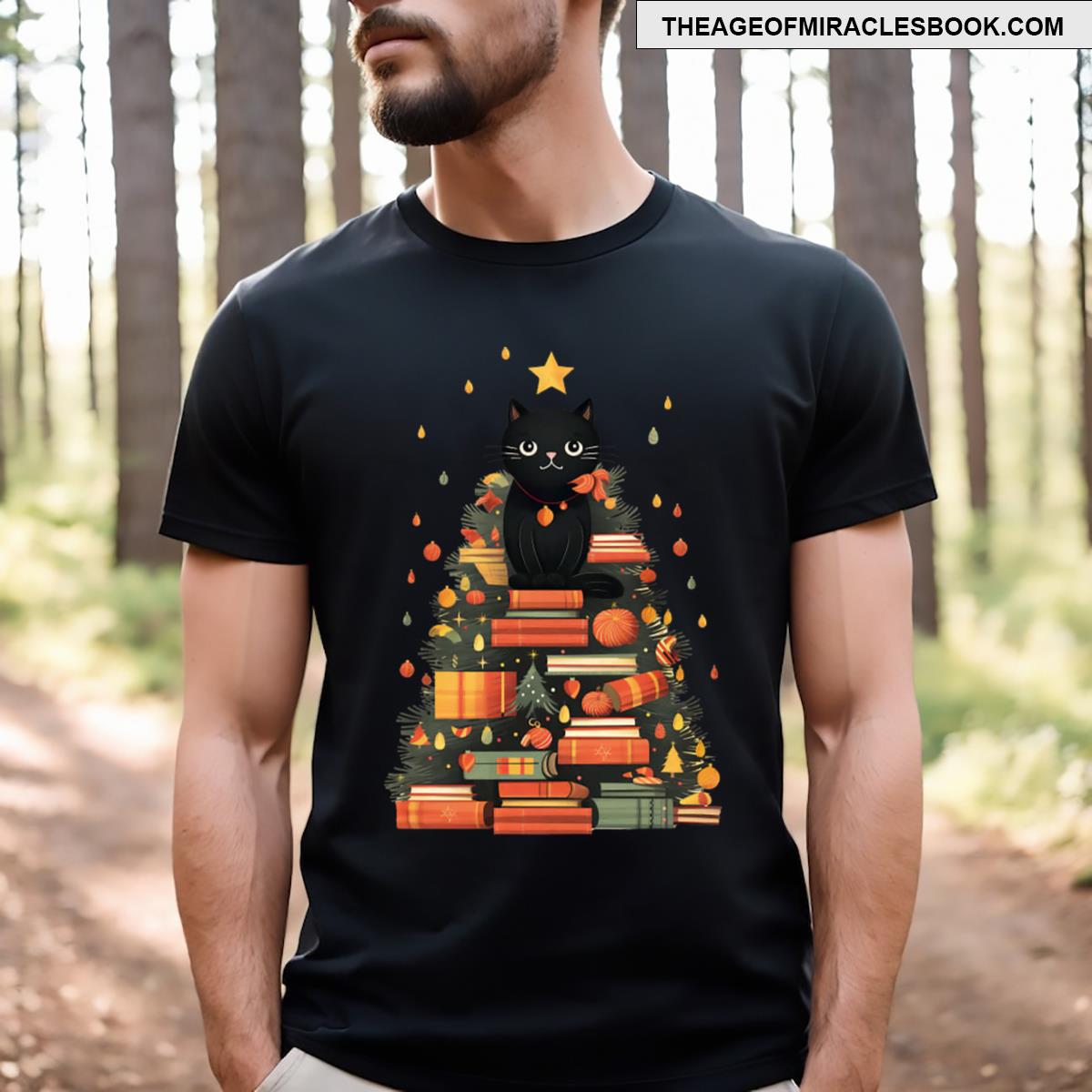 Cute Christmas Cat Books Tree T-shirt