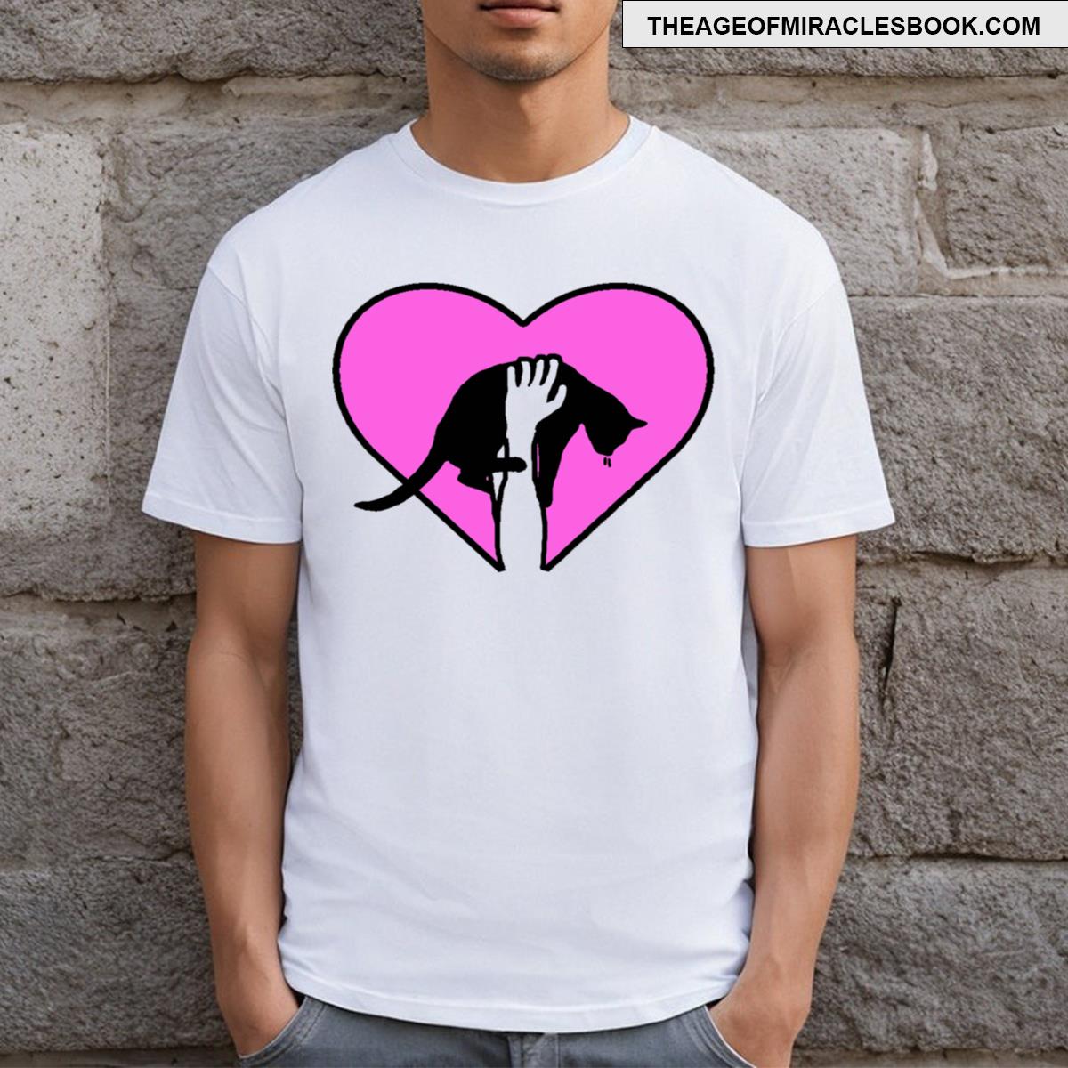 Black Cat Pink Heart T-shirt