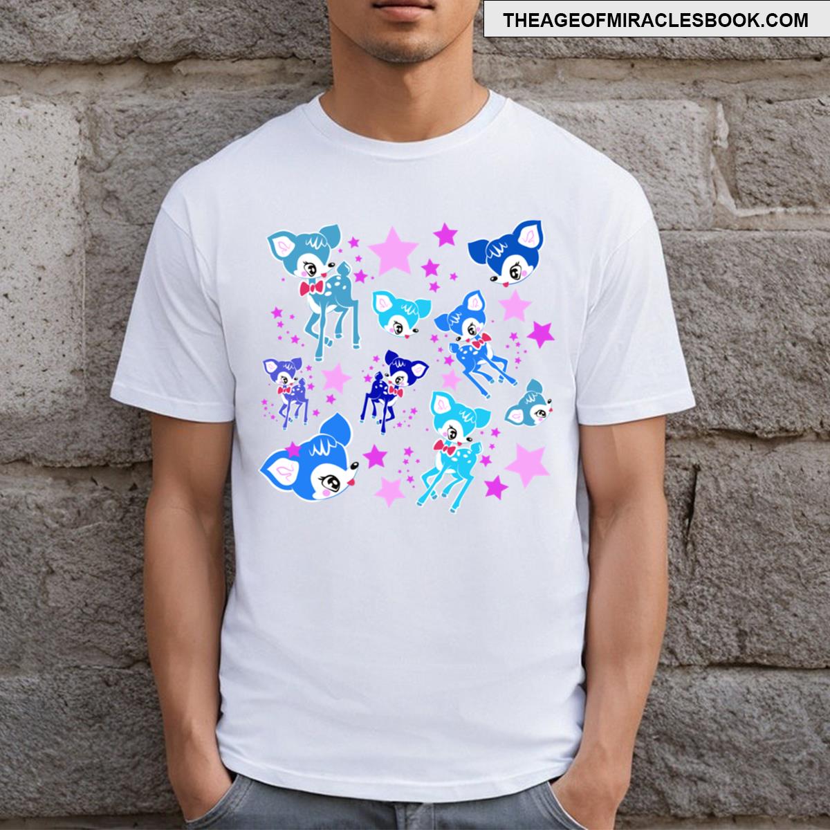 Retro Style Baby Deer Repeat Pattern In Blue T-shirt