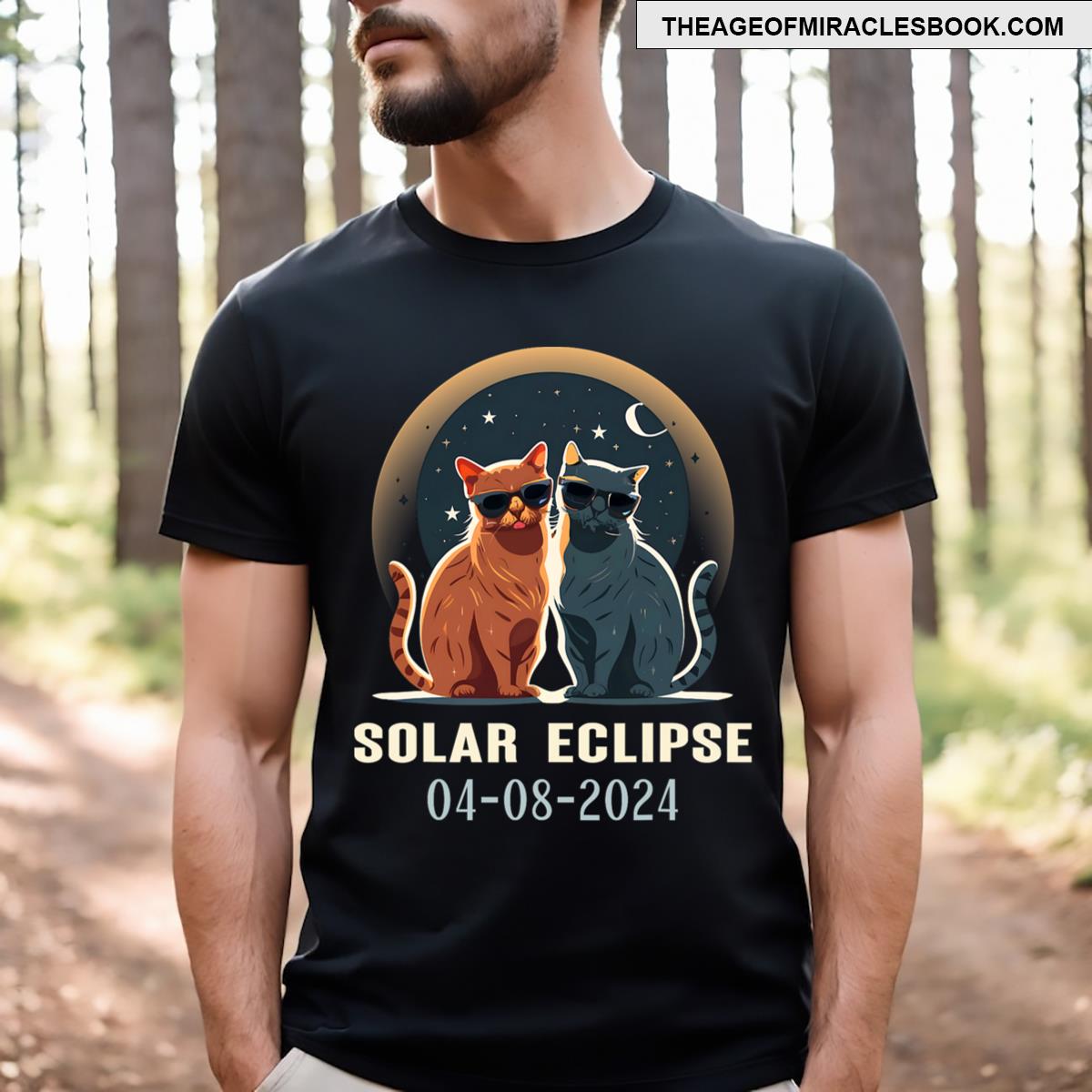 Total Solar Eclipse 2024 Funny Cat Wearing Sunglasses T-shirt