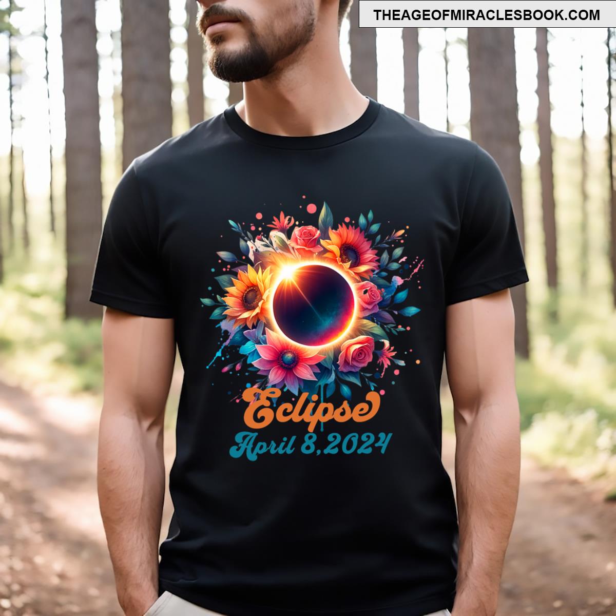 Womens Solar Eclipse With Floral Flowers T-shirt