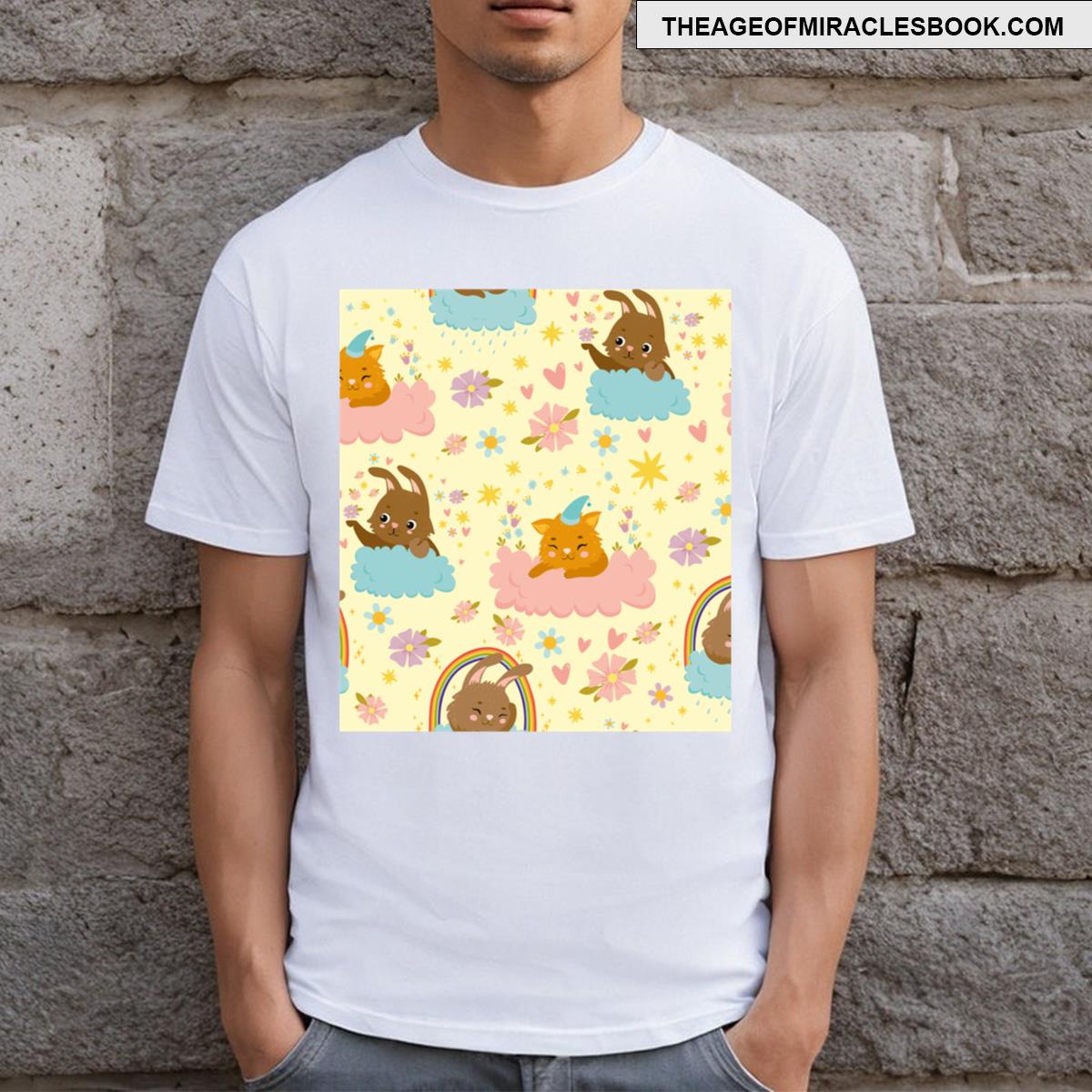 Enchanted Skyline Vector Seamless Pattern With Hares Cats Clouds And Magical Elements T T-shirt