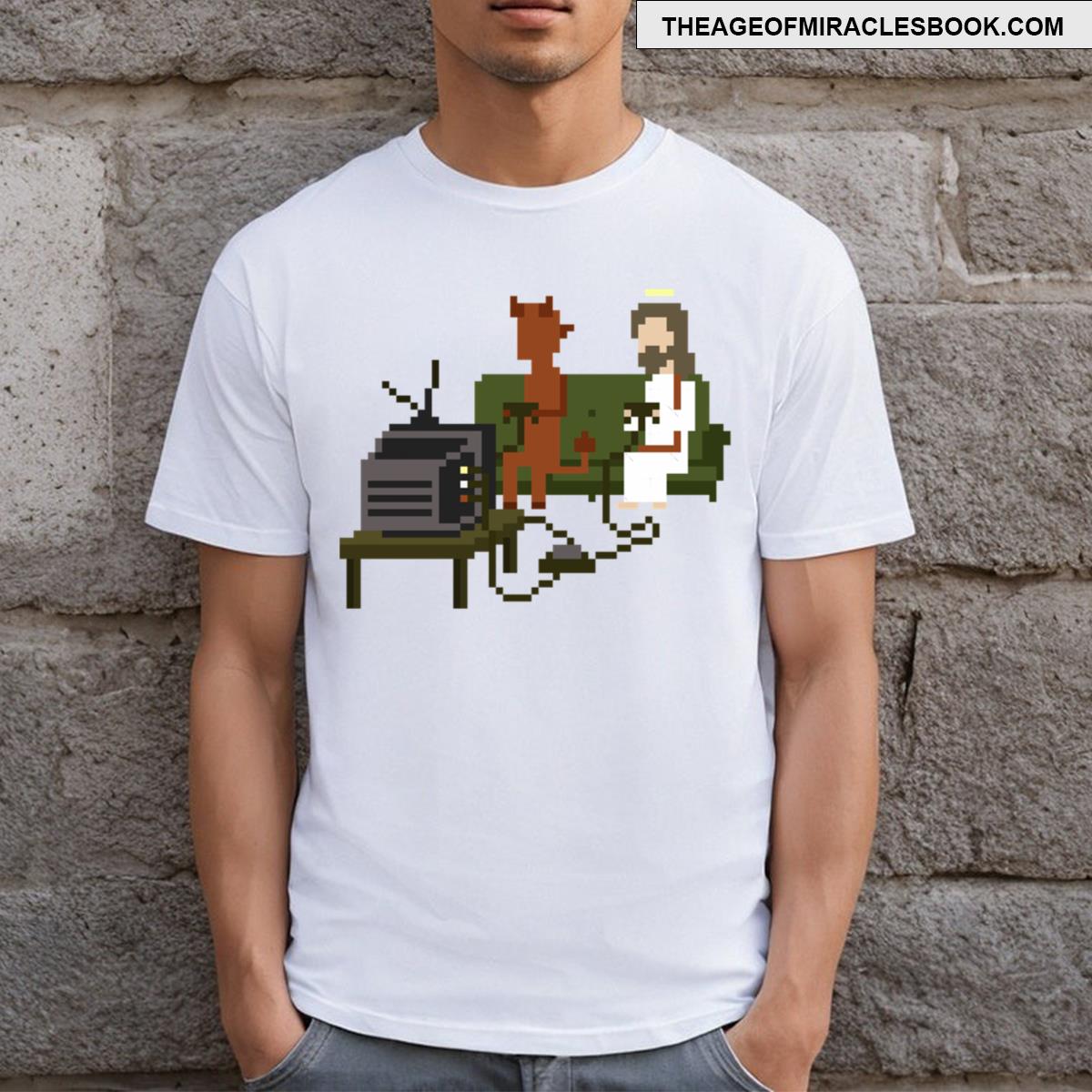 Jesus And Devil Playing Video Games Pixel Art T-shirt