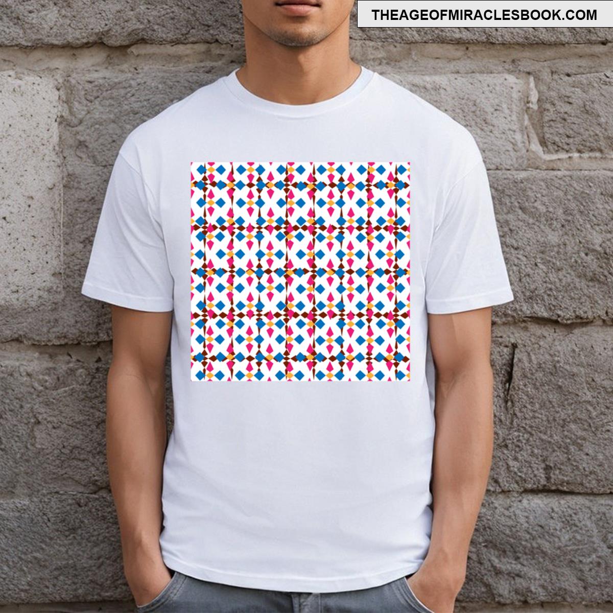 Geometric Arrow Pattern Red Yellow Pink White Background T-shirt