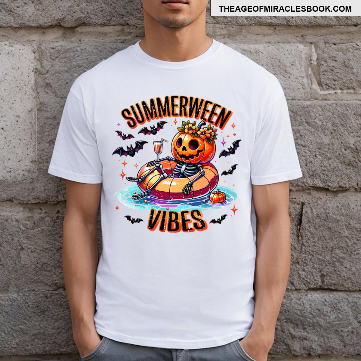 Summerween Vibes Skeleton Pumpkin Summer Vacation Funny T-shirt