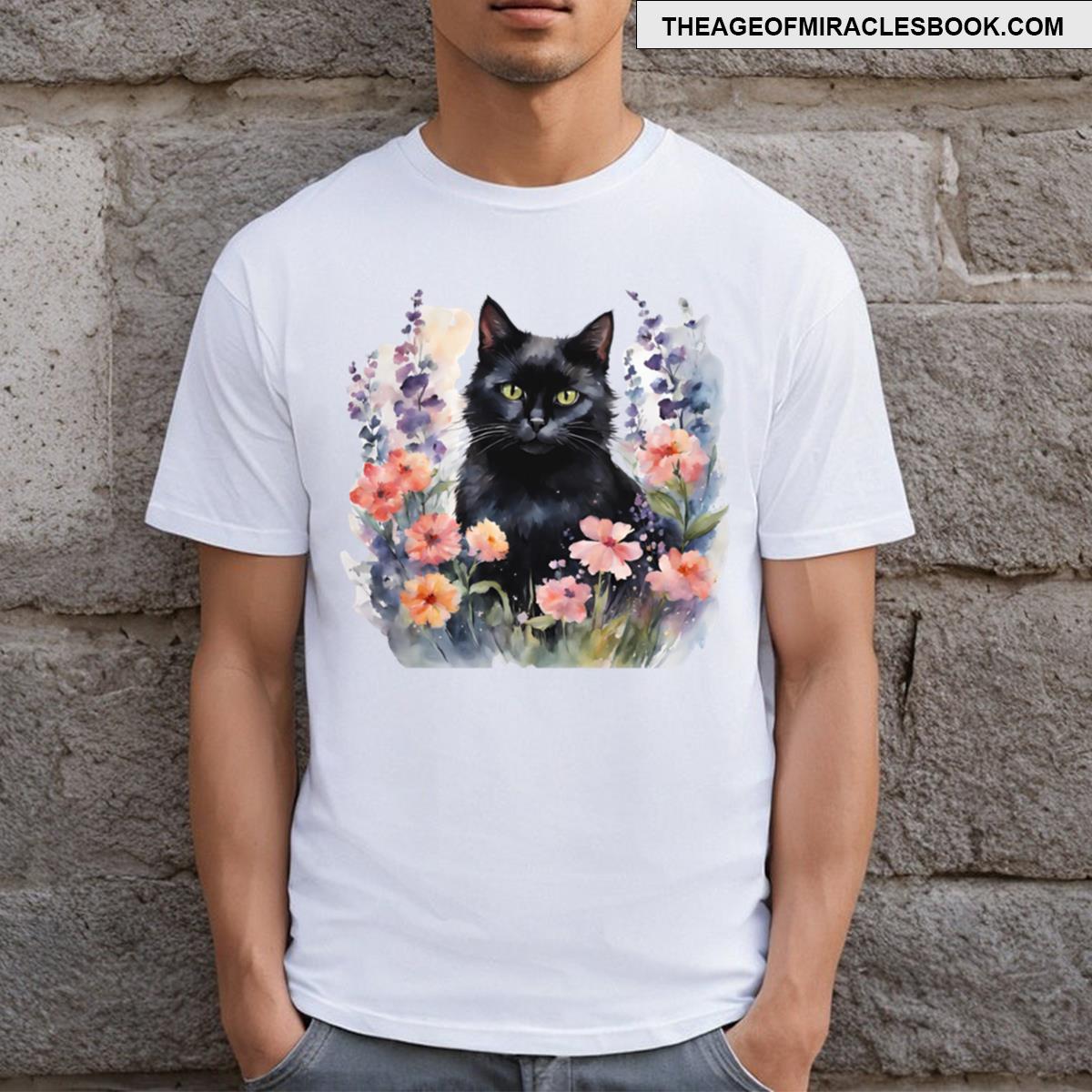 Black Cat With Flowers T-shirt