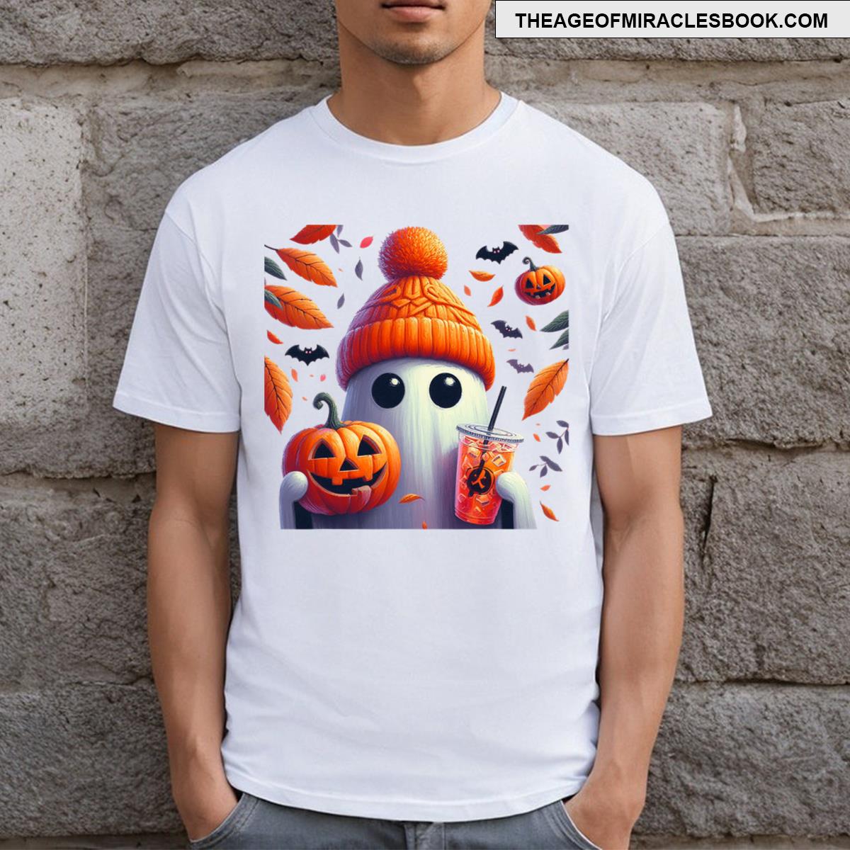 Cute Ghost Drinking Coffee Halloween Ghost Ice Coffee T-shirt
