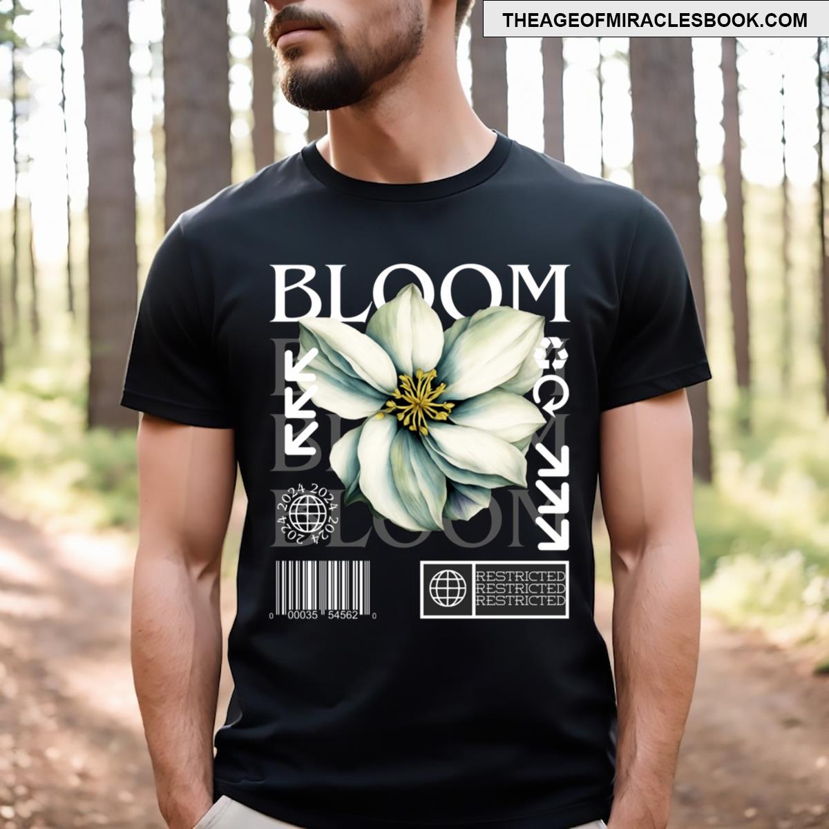 White Flower With Bloom Fading Text T-shirt