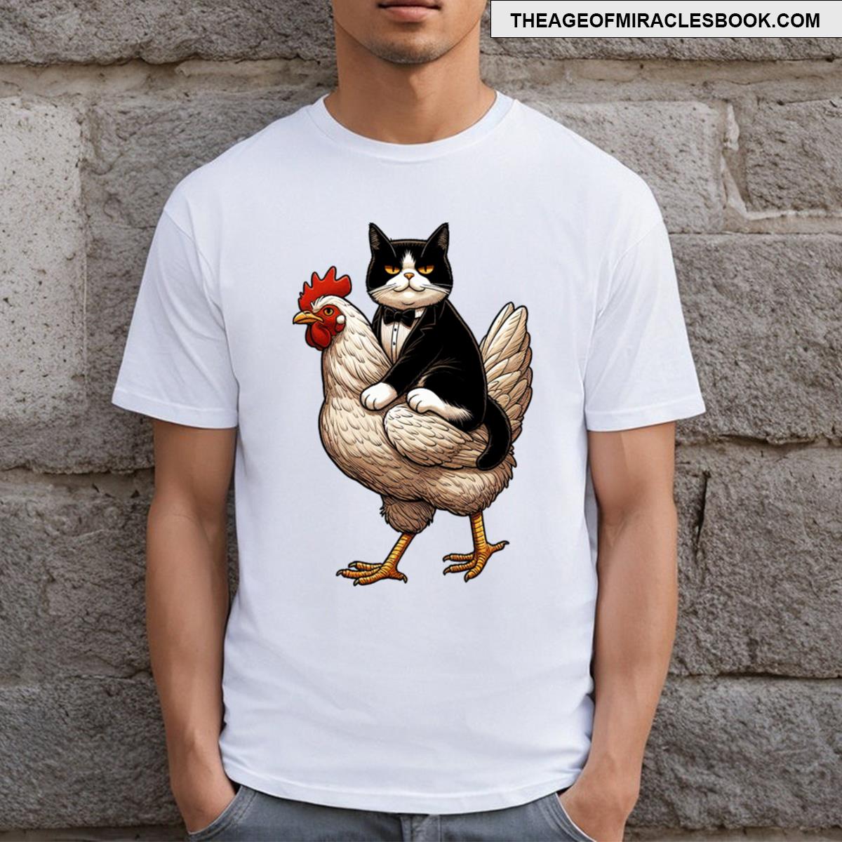 Tuxedo Cat Riding On A Chicken T-shirt