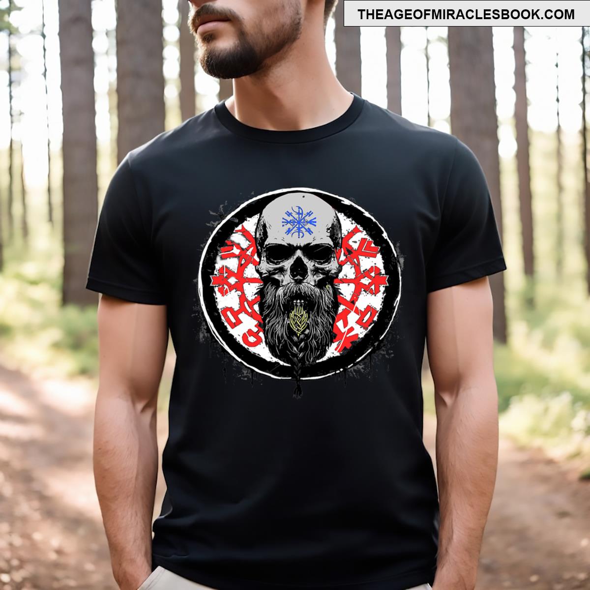Bearded Viking Skull With Runes Shield T-shirt