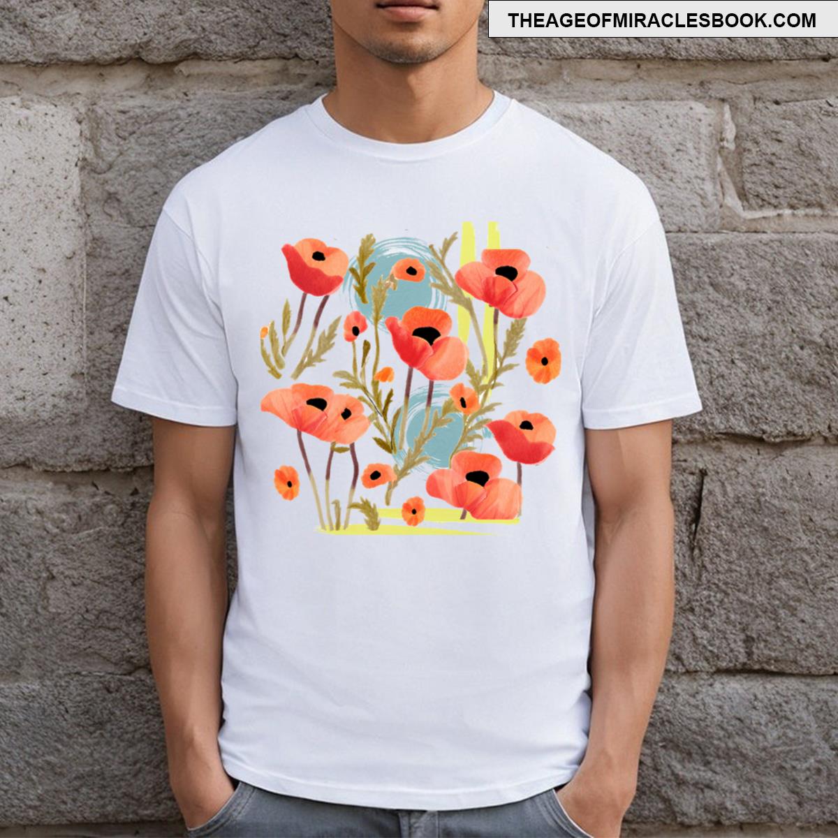 Red Flowers Blue Circle Abstract Background T-shirt