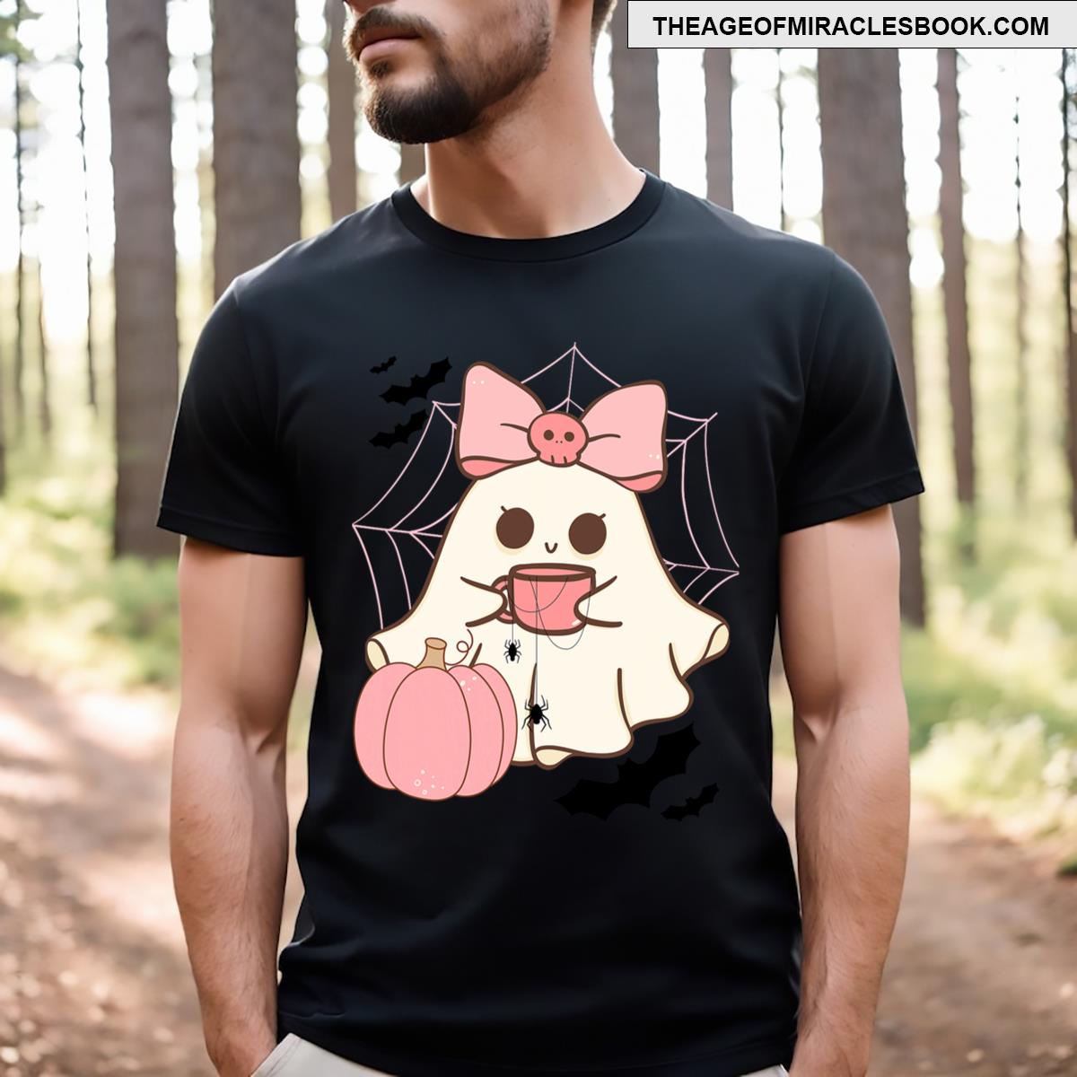 Cute Ghost With Pumpkin And Bow T-shirt