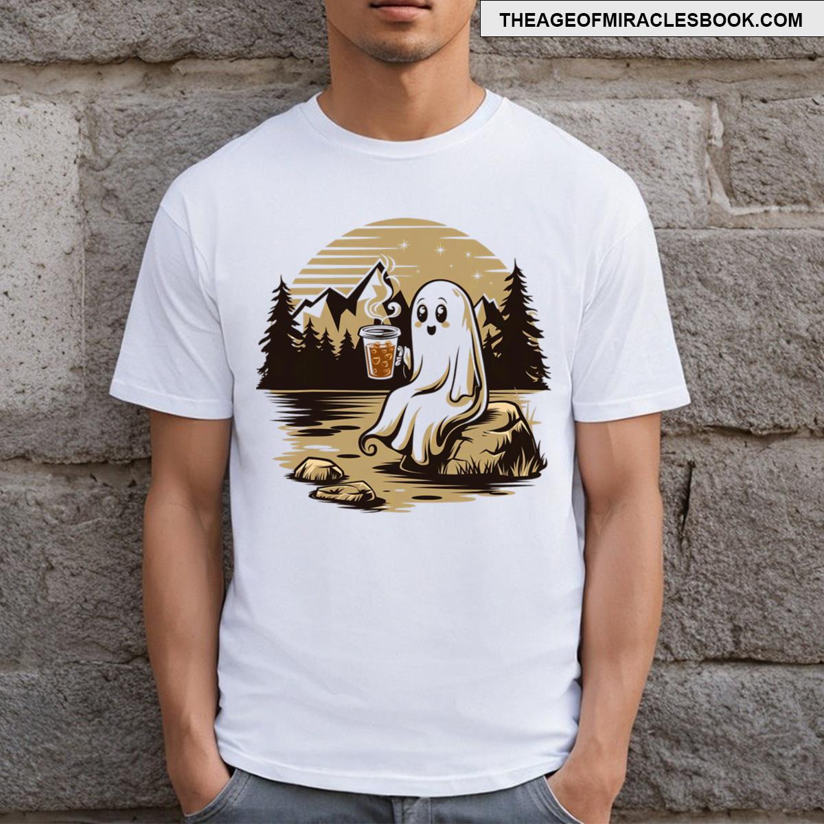 Cute Ghost Drinking Coffee Halloween Ghost Ice Coffee T-shirt