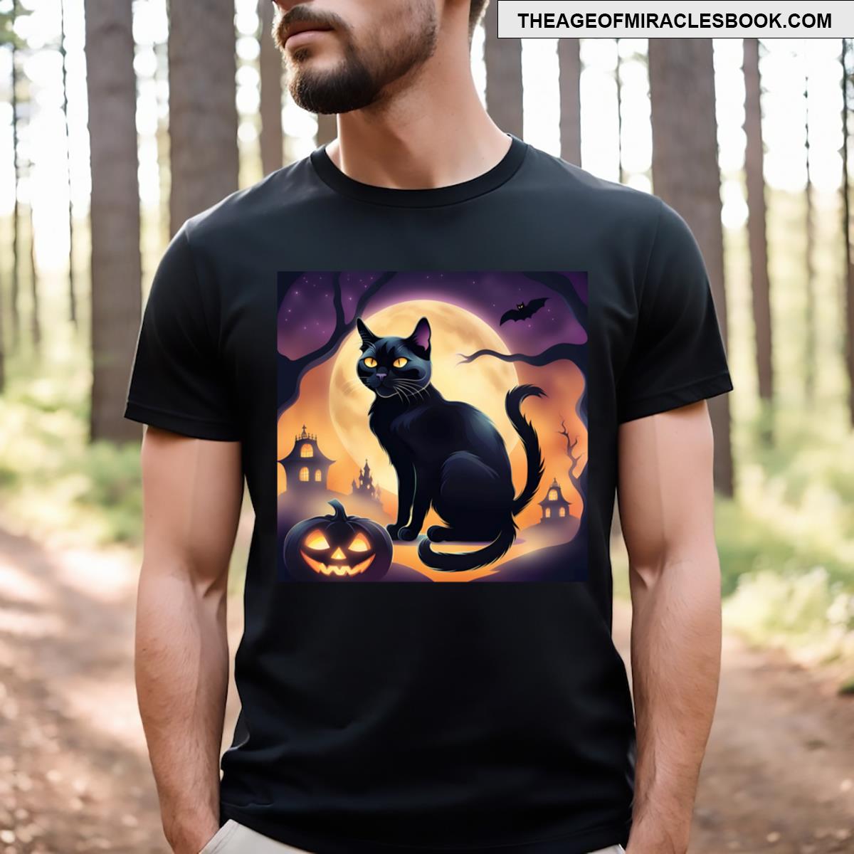 Black Cat With Halloween Moon Light T-shirt