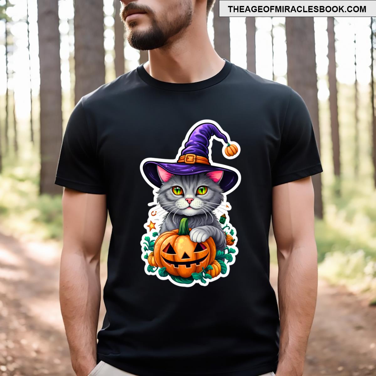 Witch Kitty With Halloween Pumpkin T-shirt