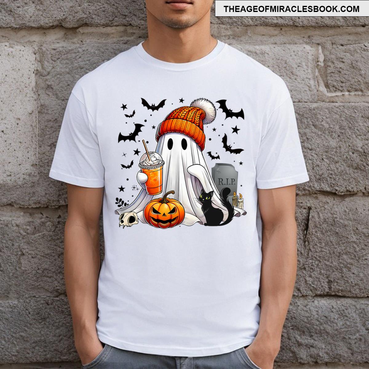 Cute Ghost Drinking Coffee Halloween Ghost Ice Coffee T-shirt