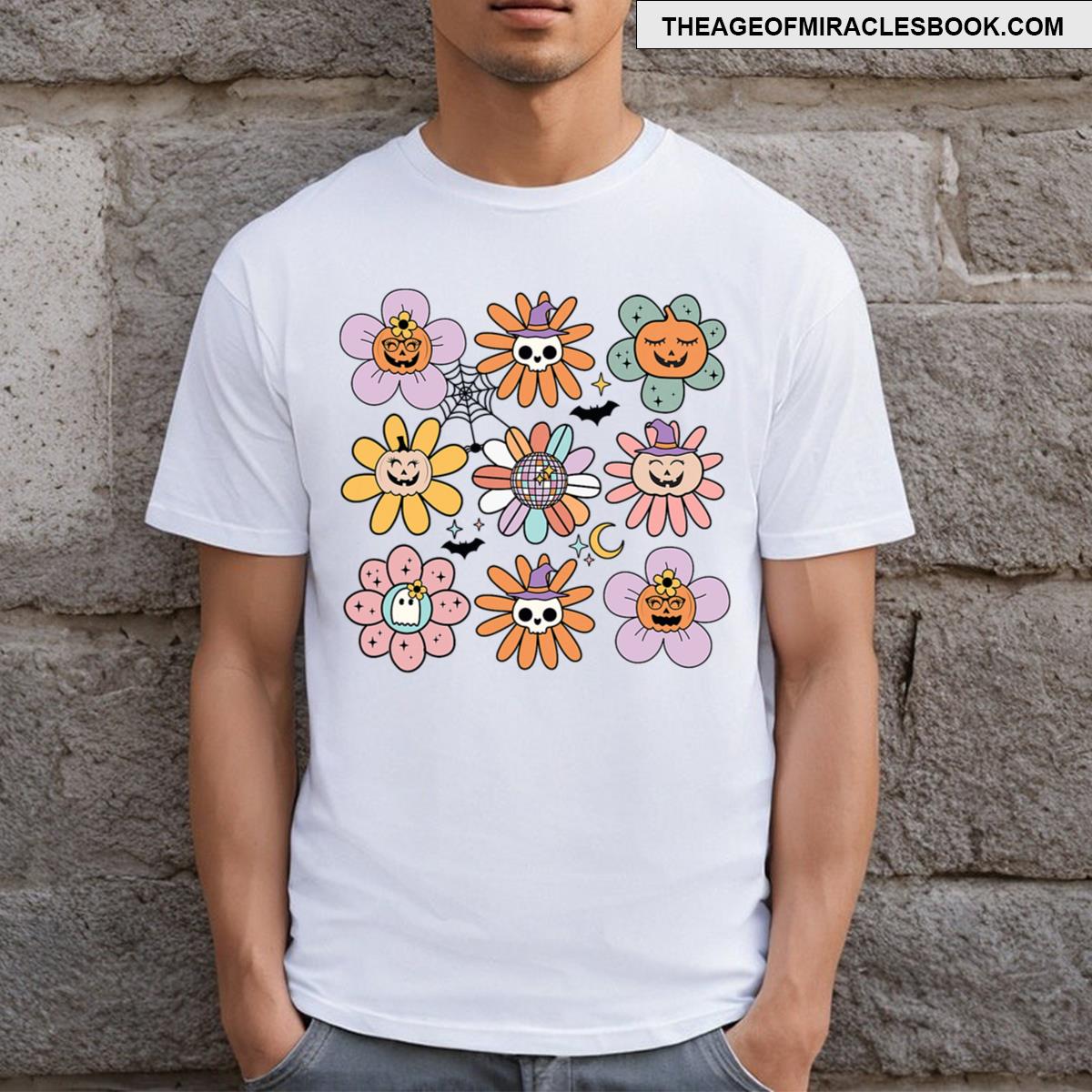 Winking Pumpkin Eyelashes Groovy Halloween Ghost Witch T-shirt