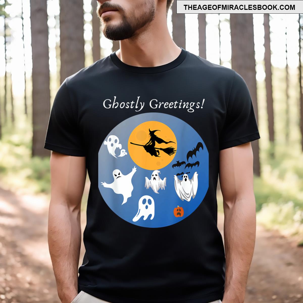 Ghostly Greetings Halloween Fun Ghosts Witch Bats Pumpkin T-shirt