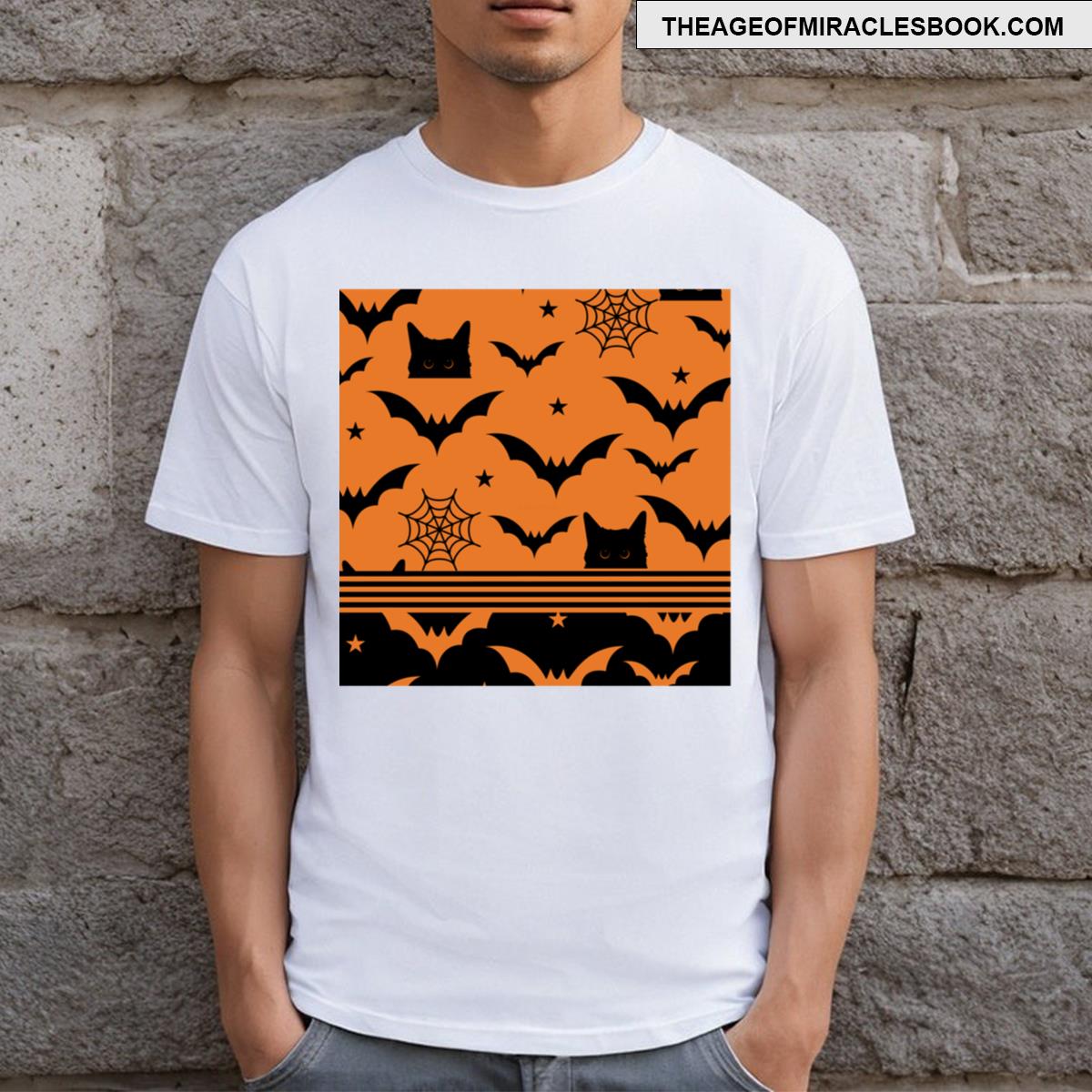 Black Cat Halloween Bats Seamless Orange Mixed Pattern T-shirt
