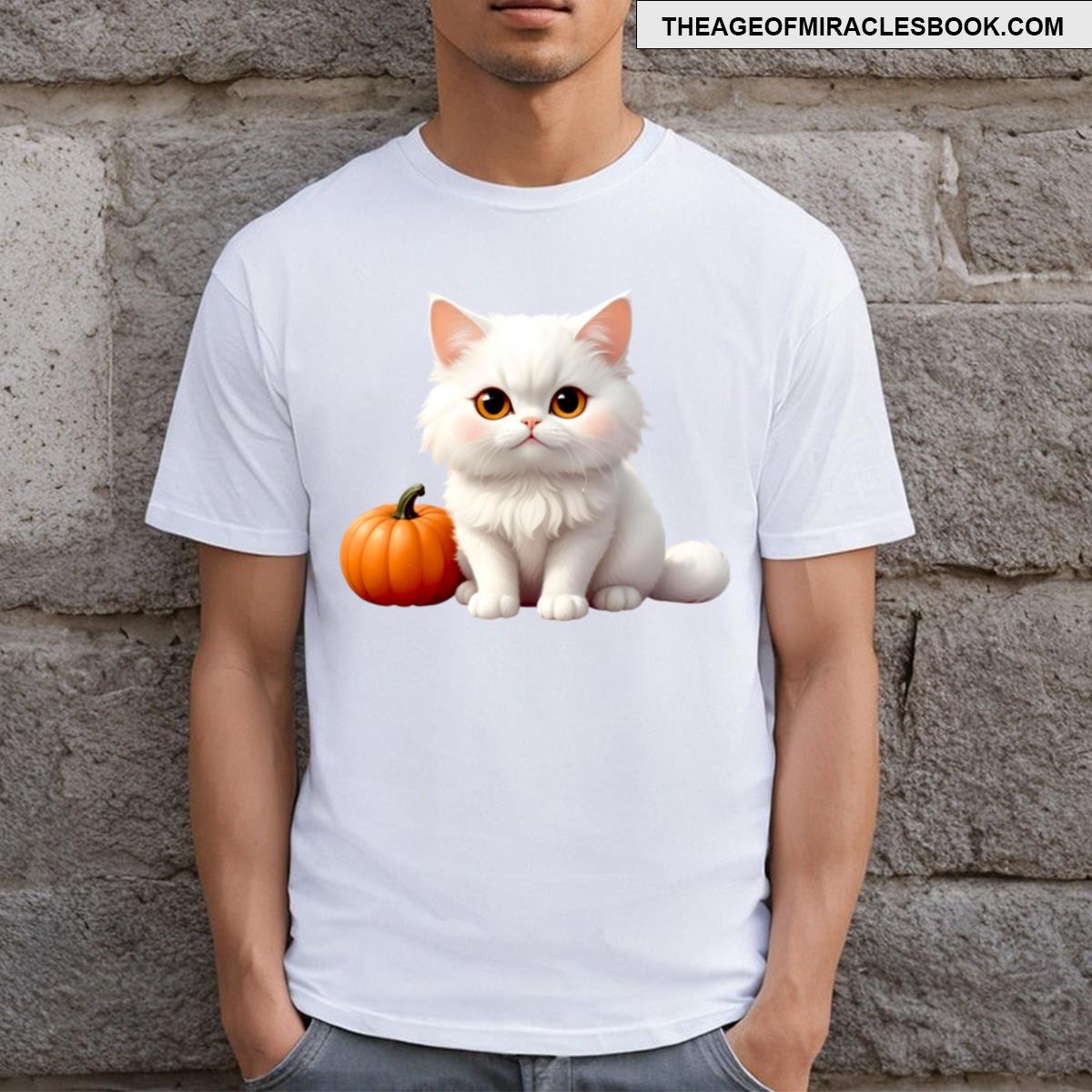Pretty White Cat With Pumpkin Sticker T-shirt