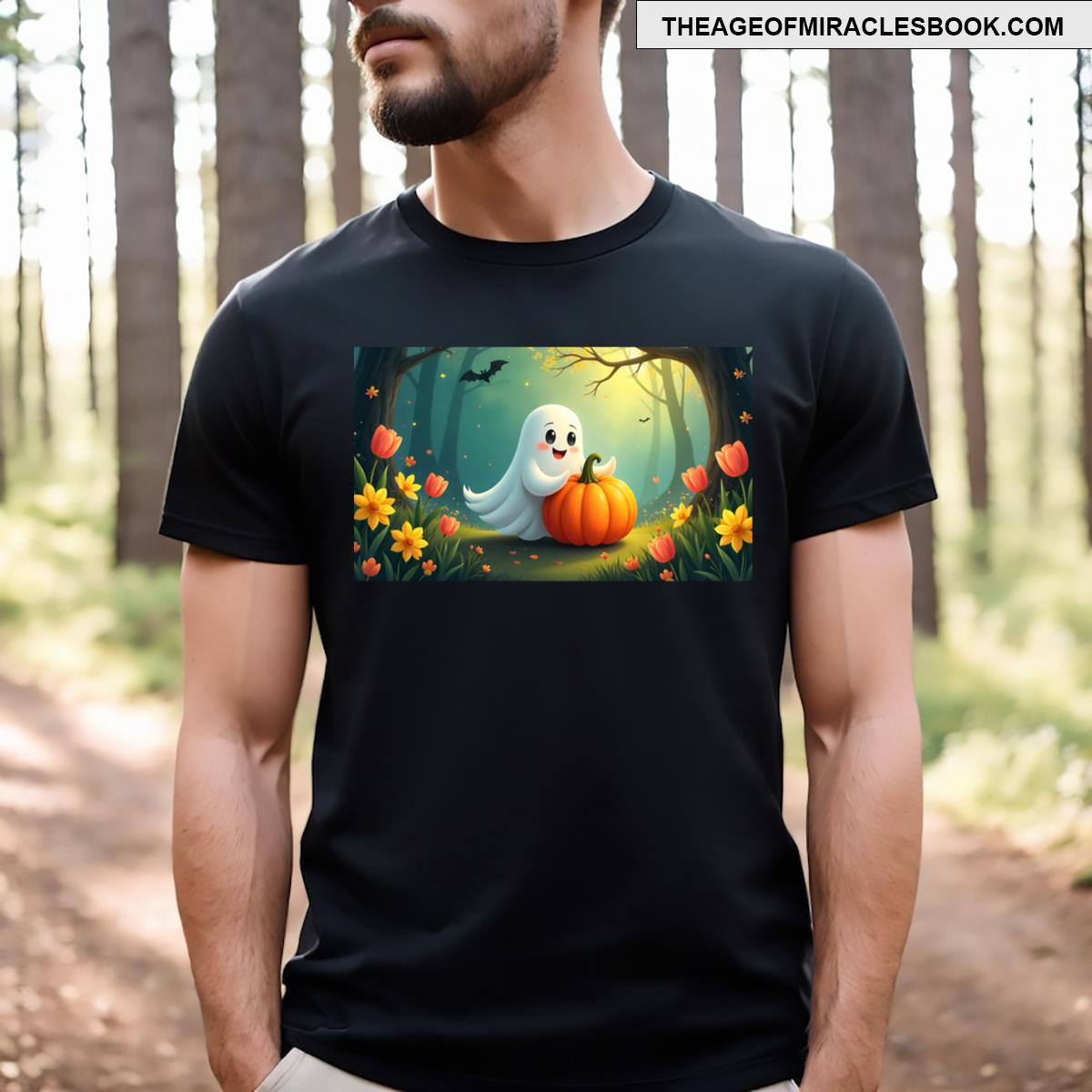 Ghost With Pumpkin Surrounded By Spring Daffodils And Tulips T-shirt
