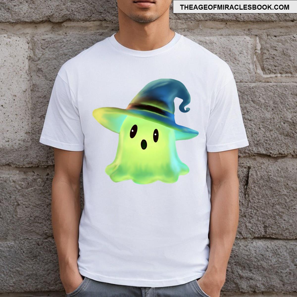 Cute Neon Ghost In Wizard Hat T-shirt
