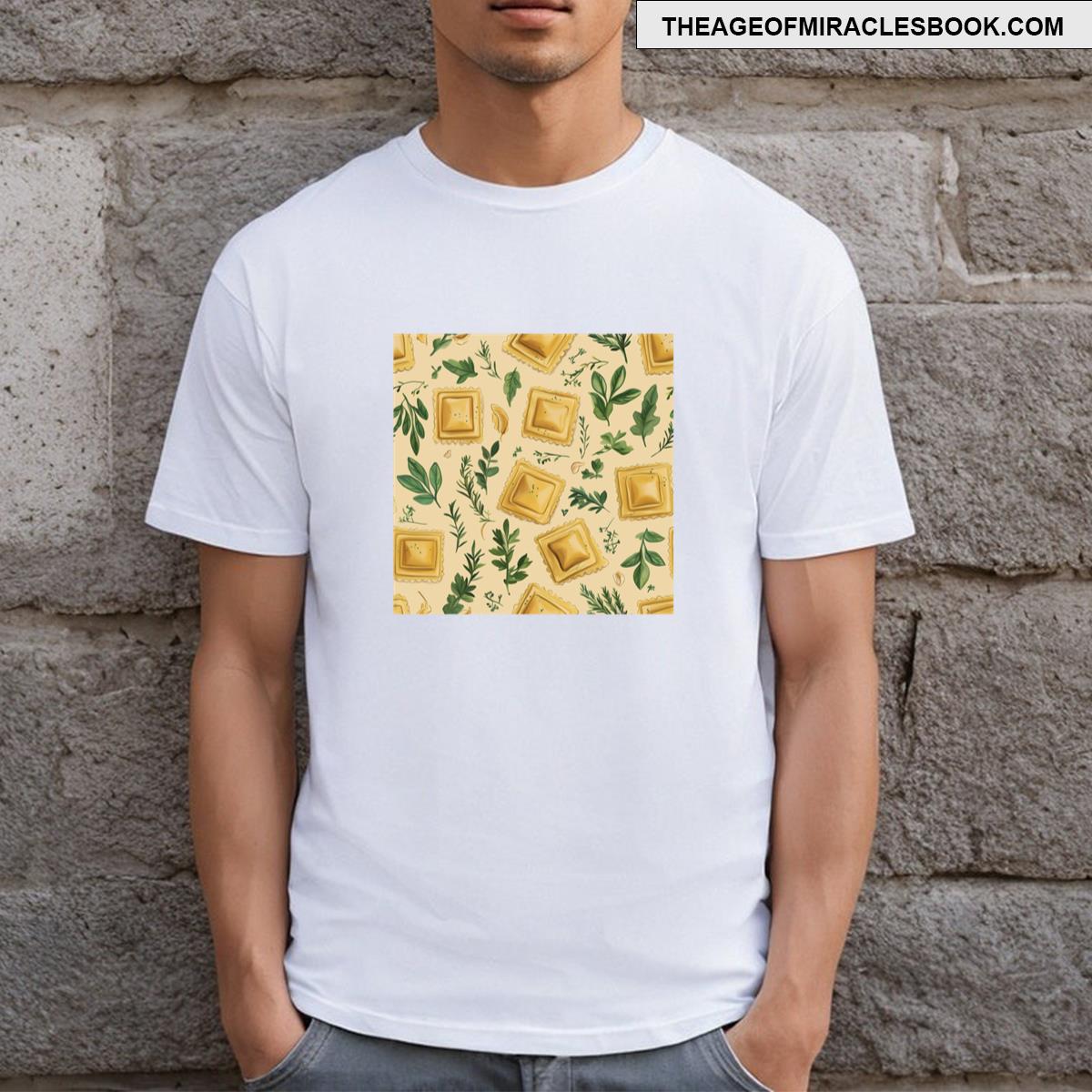Herb Infused Ravioli Pattern On Beige T-shirt