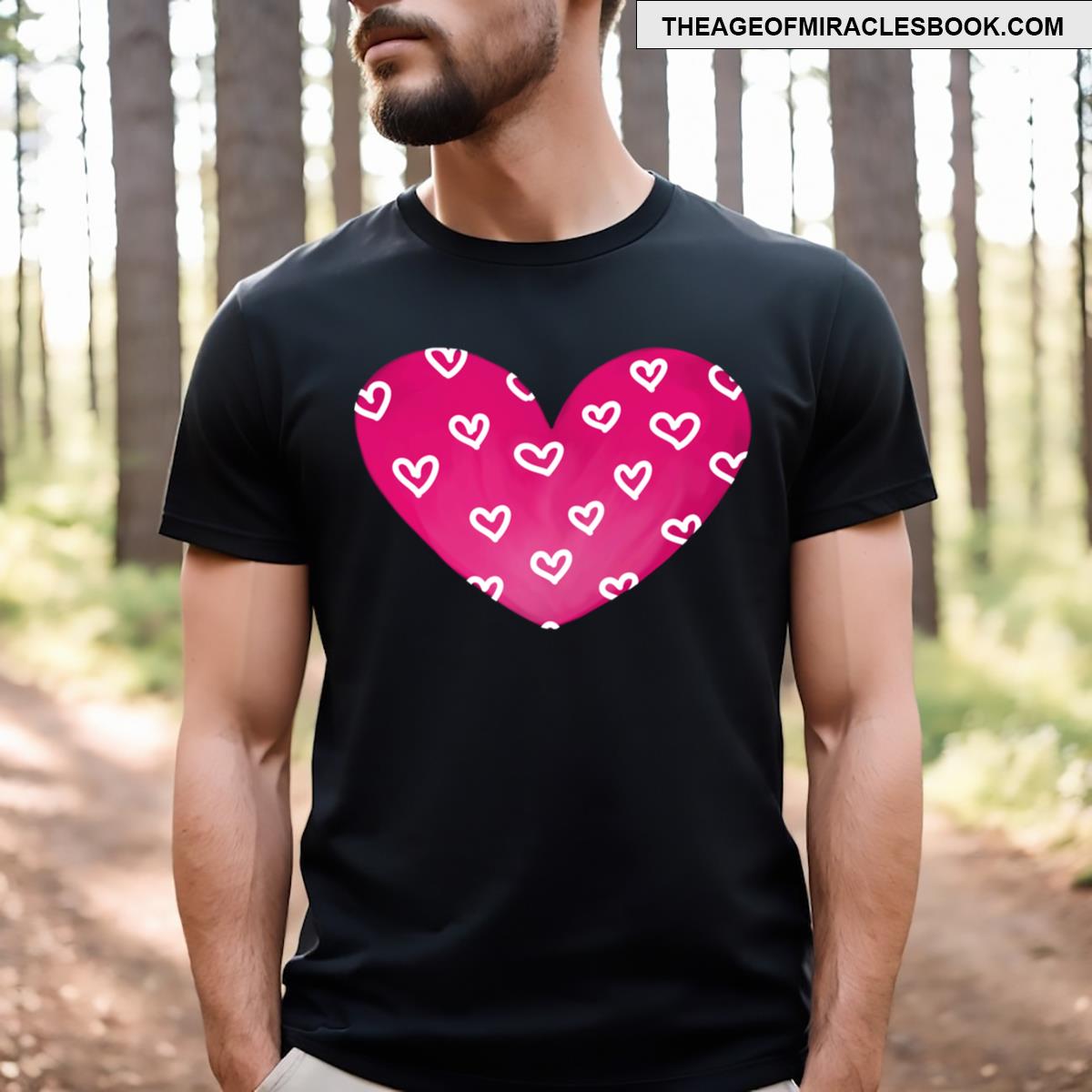 Pink And White Patterned Heart Black Background T-shirt