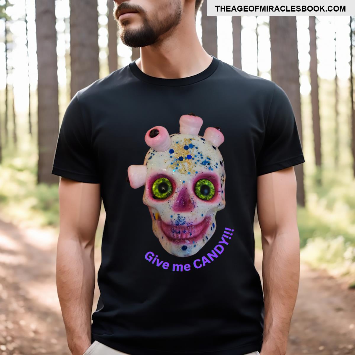 Give Me Candy Crazy Wild Eyed Skull Face T-shirt