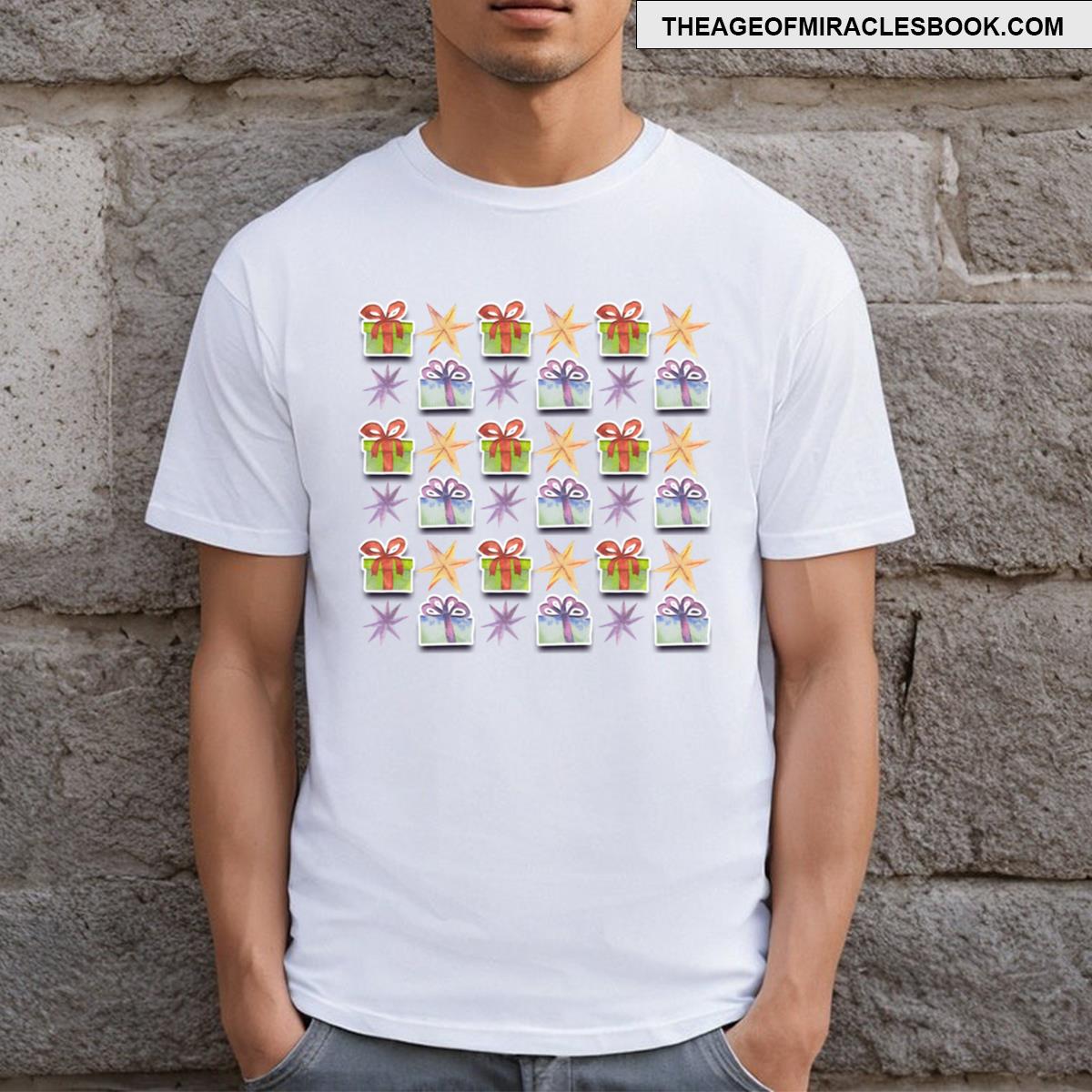Watercolor Gift Boxes And Stars Seamless Pattern T-shirt