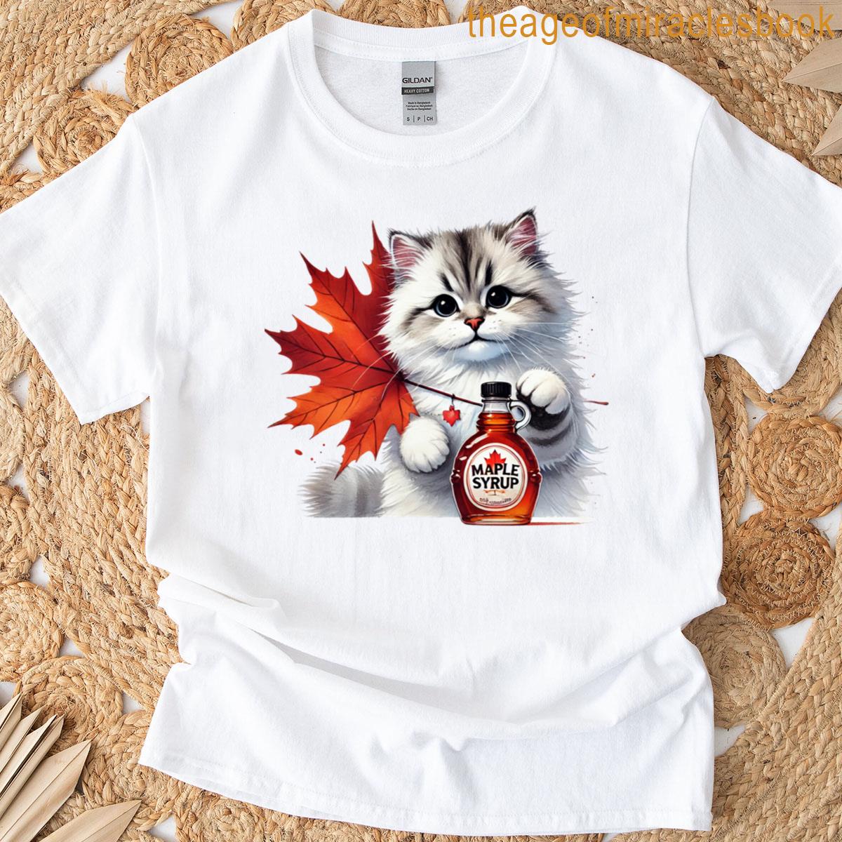 Cute Siberian Cat With Maple Syrup And Leaf T-shirt