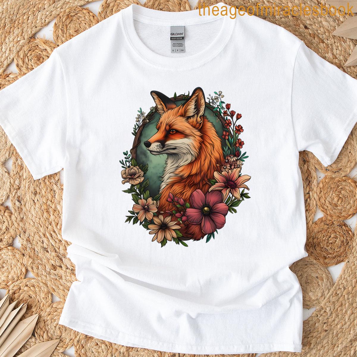 Red Fox Portrait With Flowers T-shirt