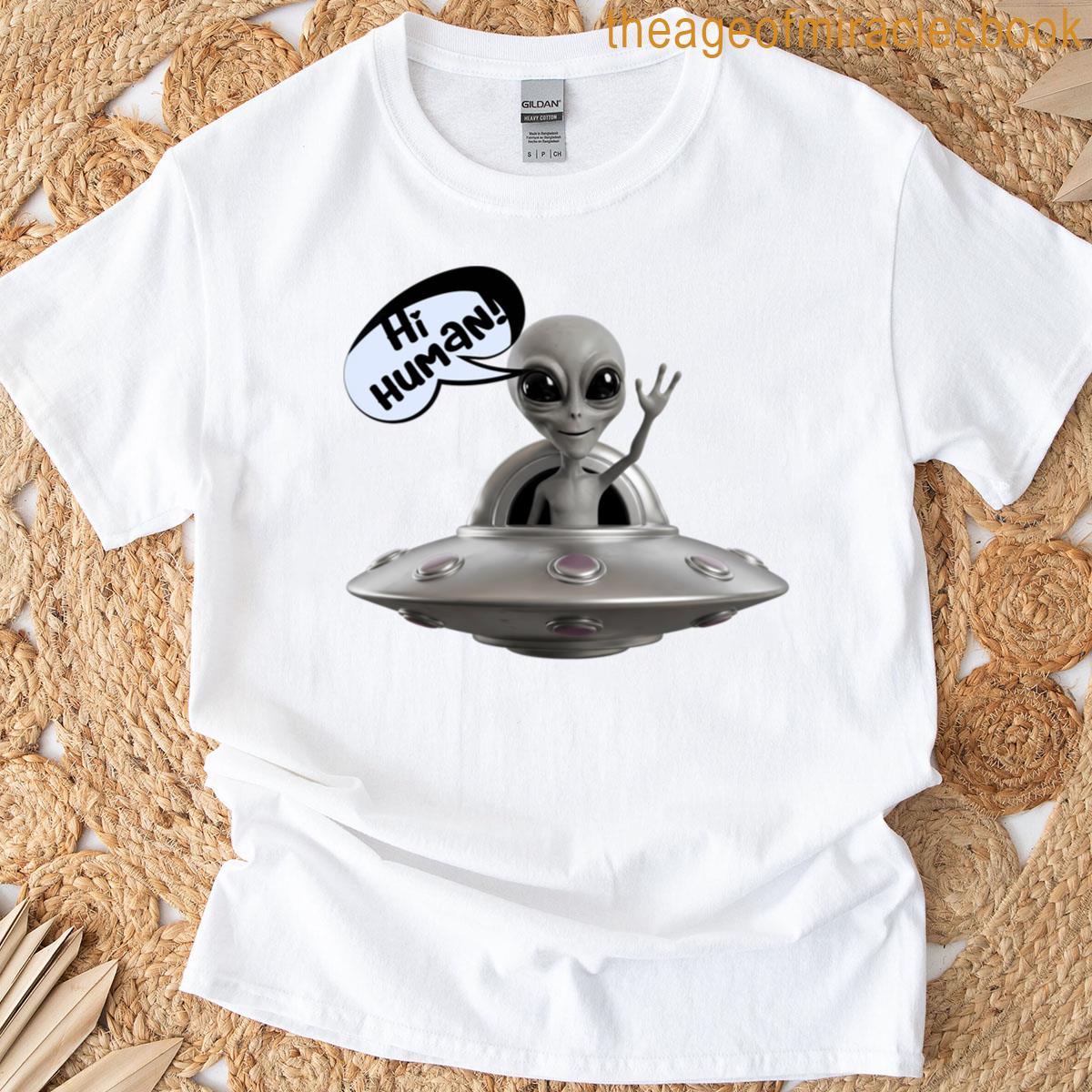 Funny Gray Alien Waving Unique Digital Illustration T-shirt