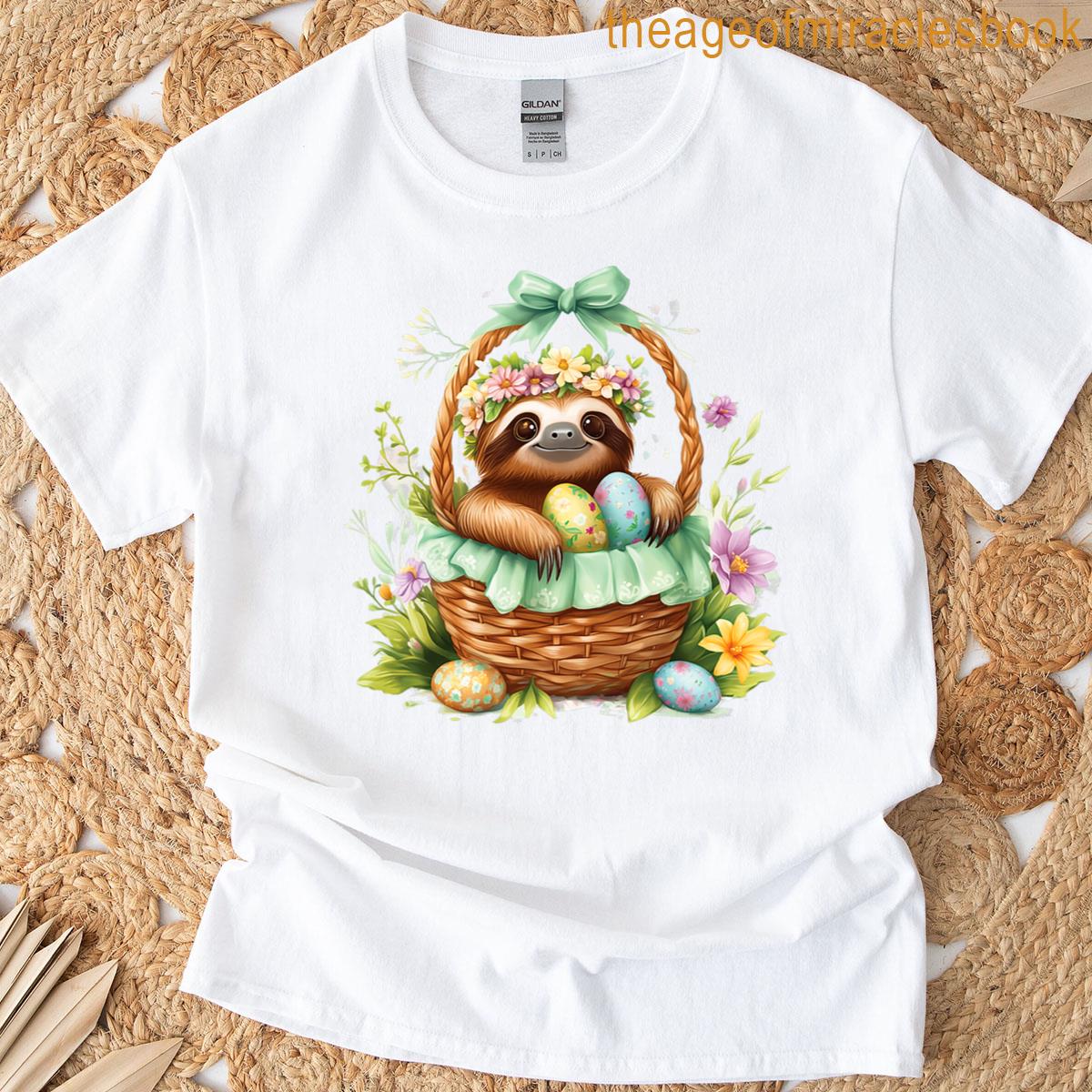 Happy Easter Day Sloth Sitting Inside A Woven Basket T-shirt