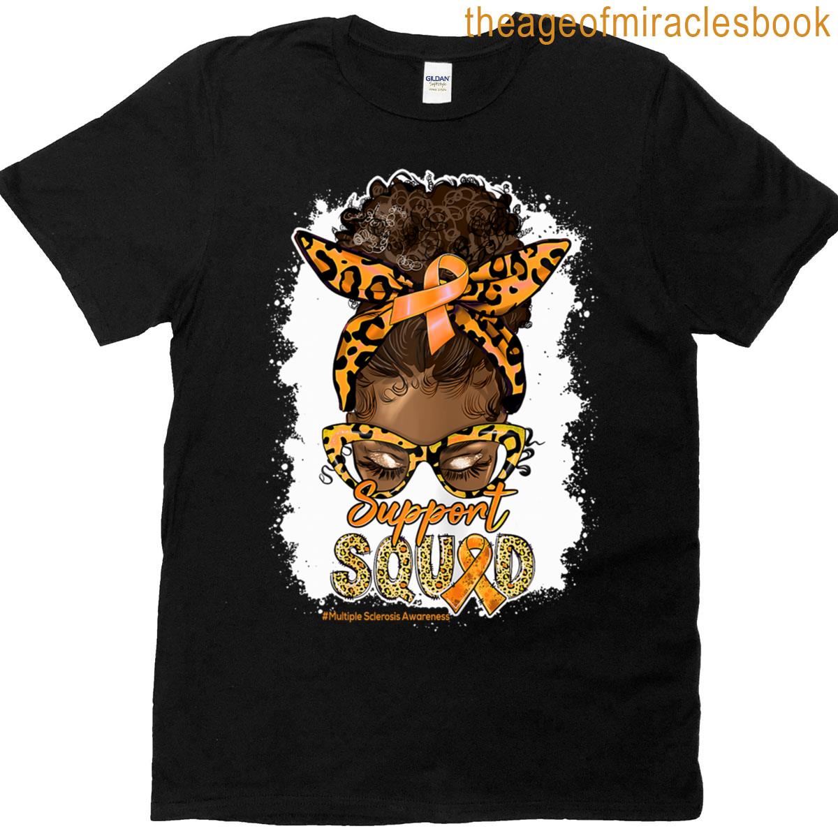 Womens Support Squad Afro Messy Bun Leopard Ms Awareness T-shirt