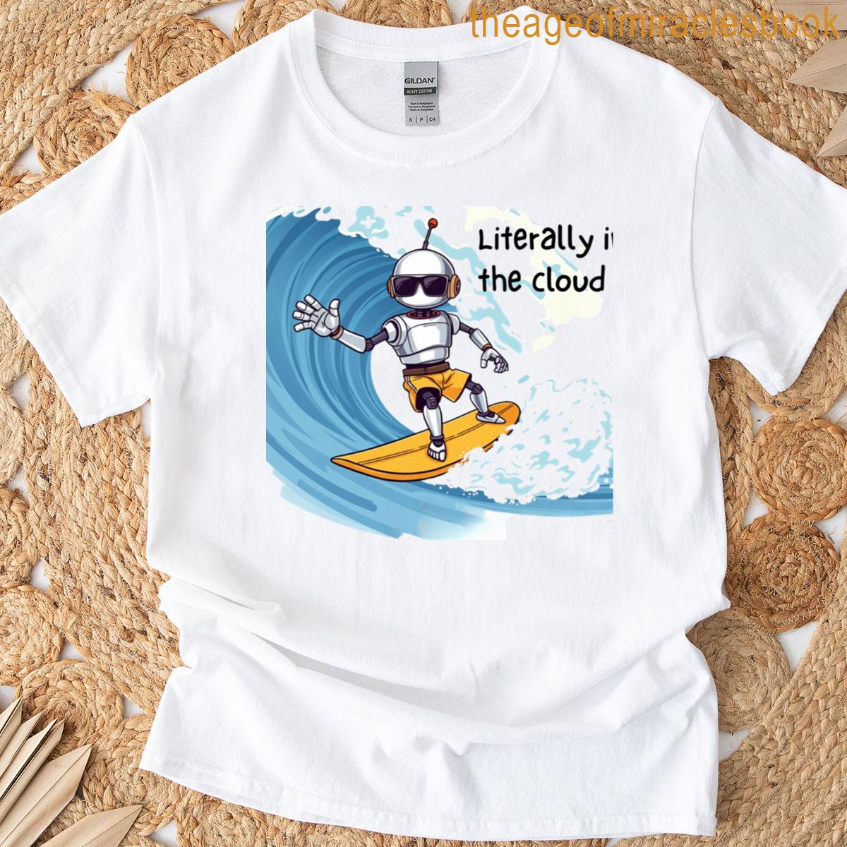 Robot Surfing Cloud Wave Funny Digital Art T-shirt