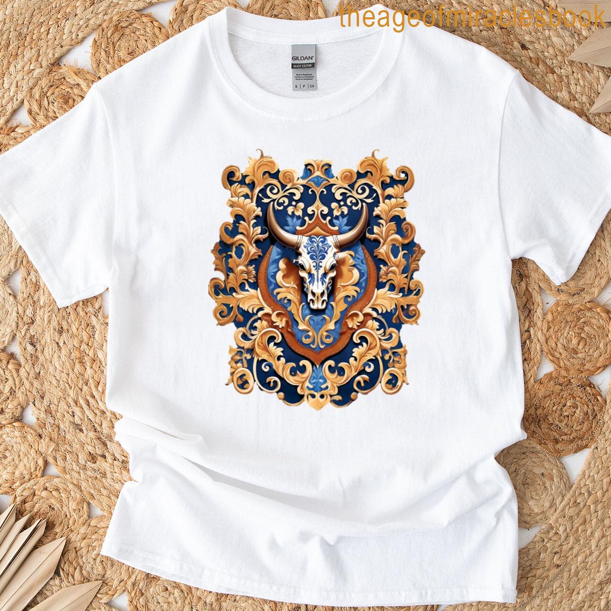 Cow Skull In Western Tooled Leather Pattern T-shirt