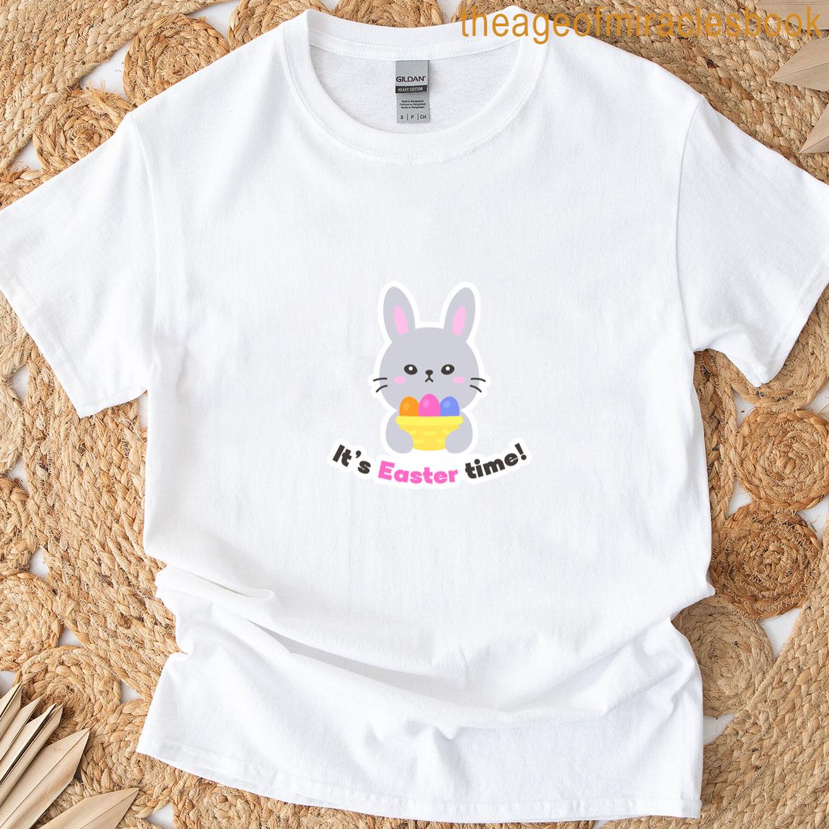 Grey Bunny Holding Rainbow Eggs Its Easter Time Sticker T-shirt