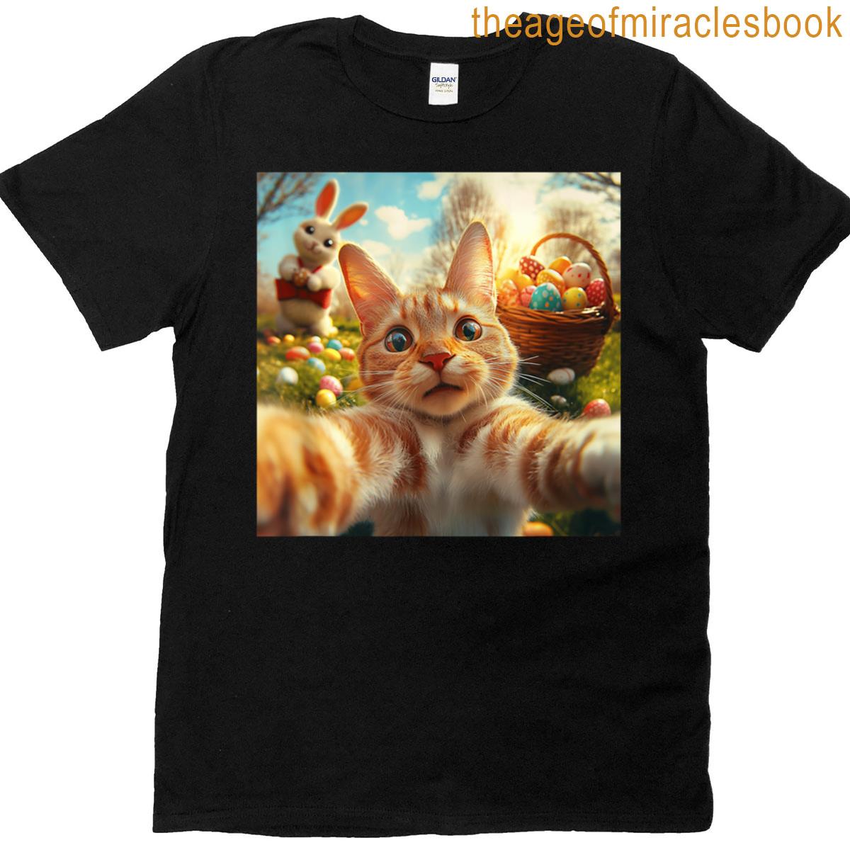 Funny Easter Cat Selfie With Easter Bunny Adults Kids Easter T-shirt