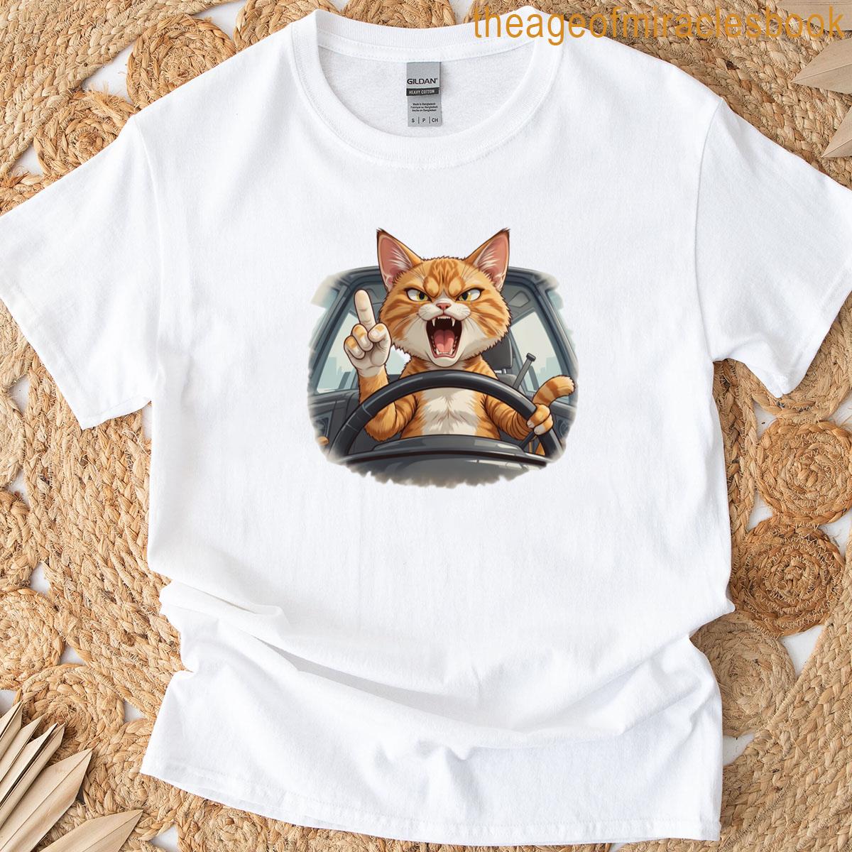 Furious Driving Cat Cartoon Design T-shirt