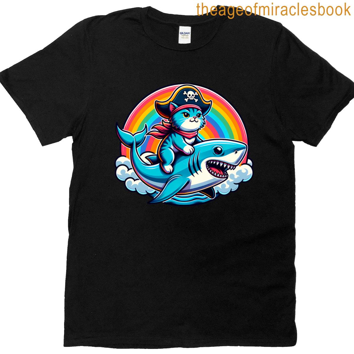 Cat Riding Shark Rainbow T-shirt