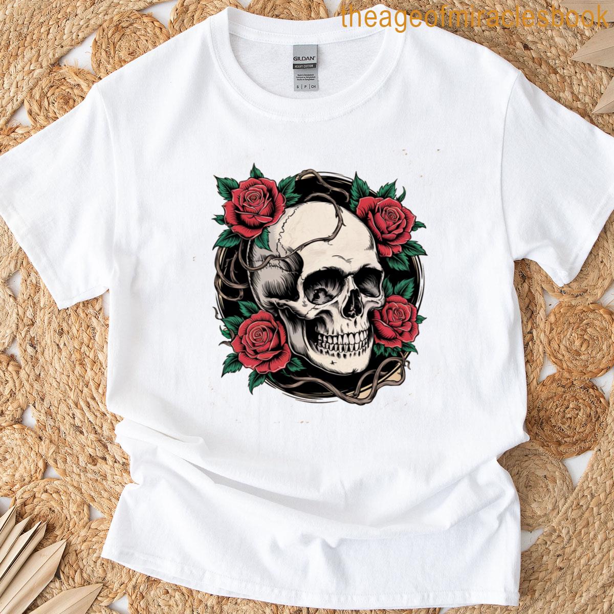 dramatic vintage skull with flowers T-shirt