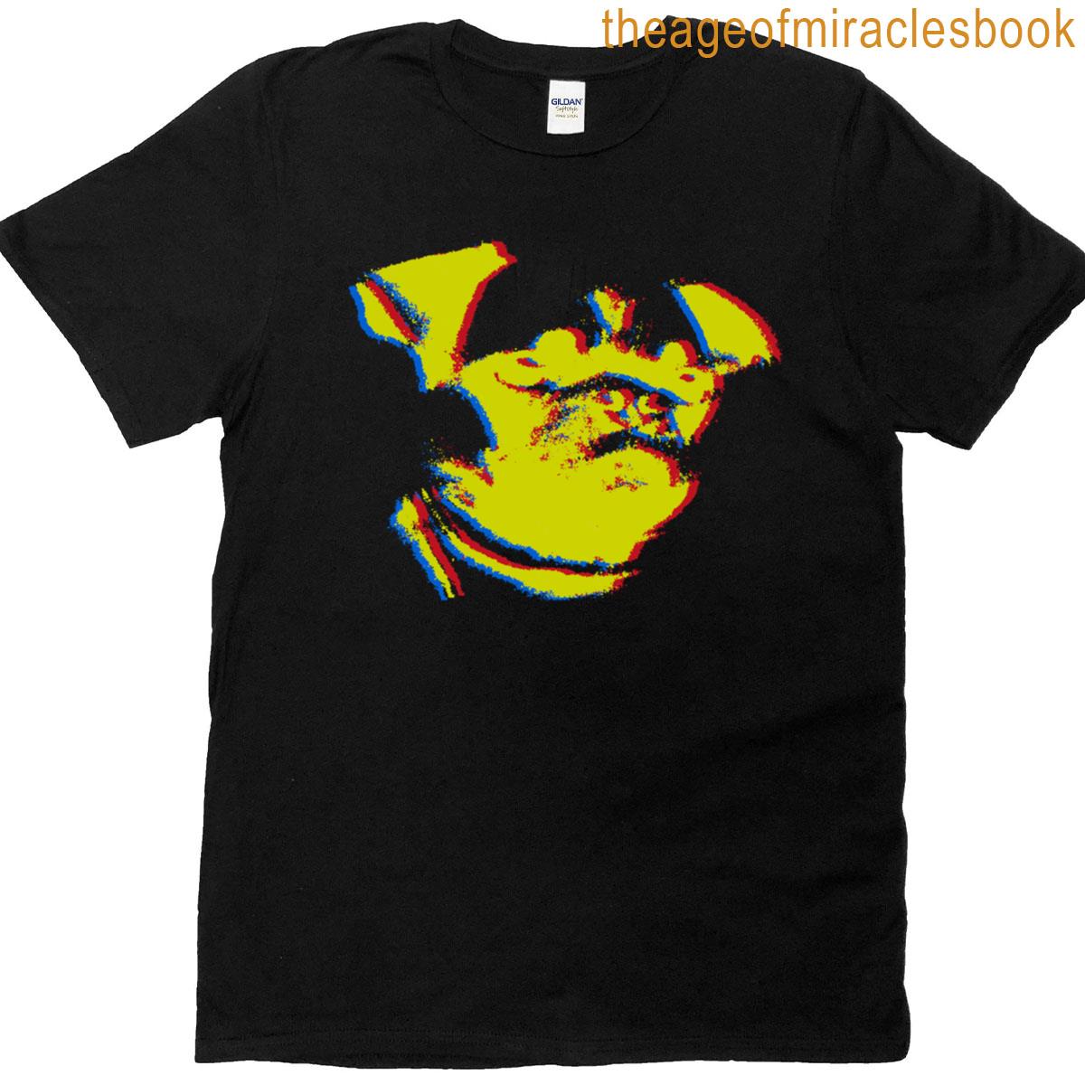 red yellow blue pug on blue bak T-shirt