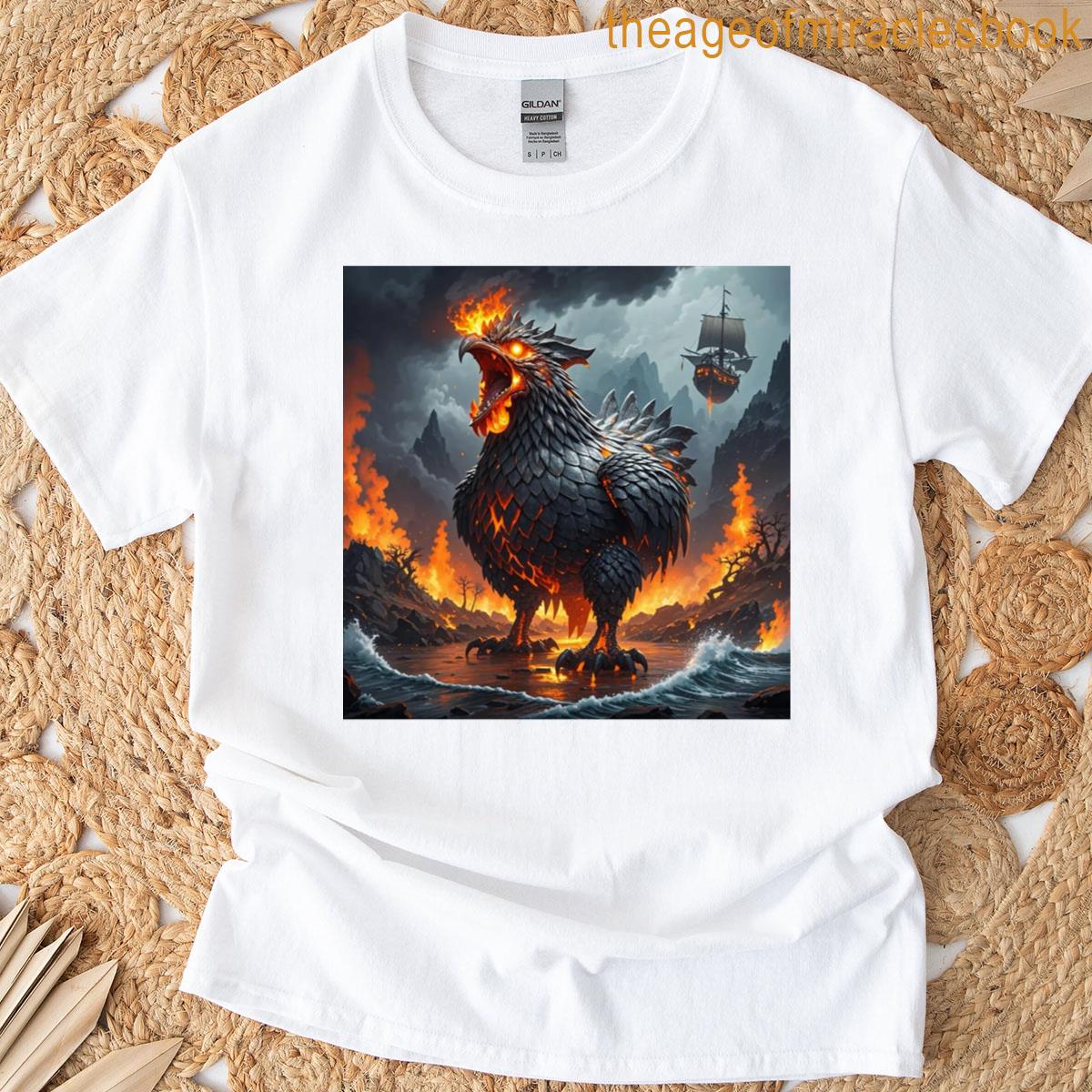 volcanic war rooster roars through the inferno long T-shirt