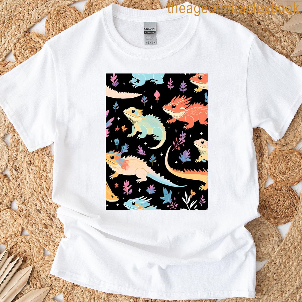 whimsical bearded dragon garden pattern graphic T-shirt
